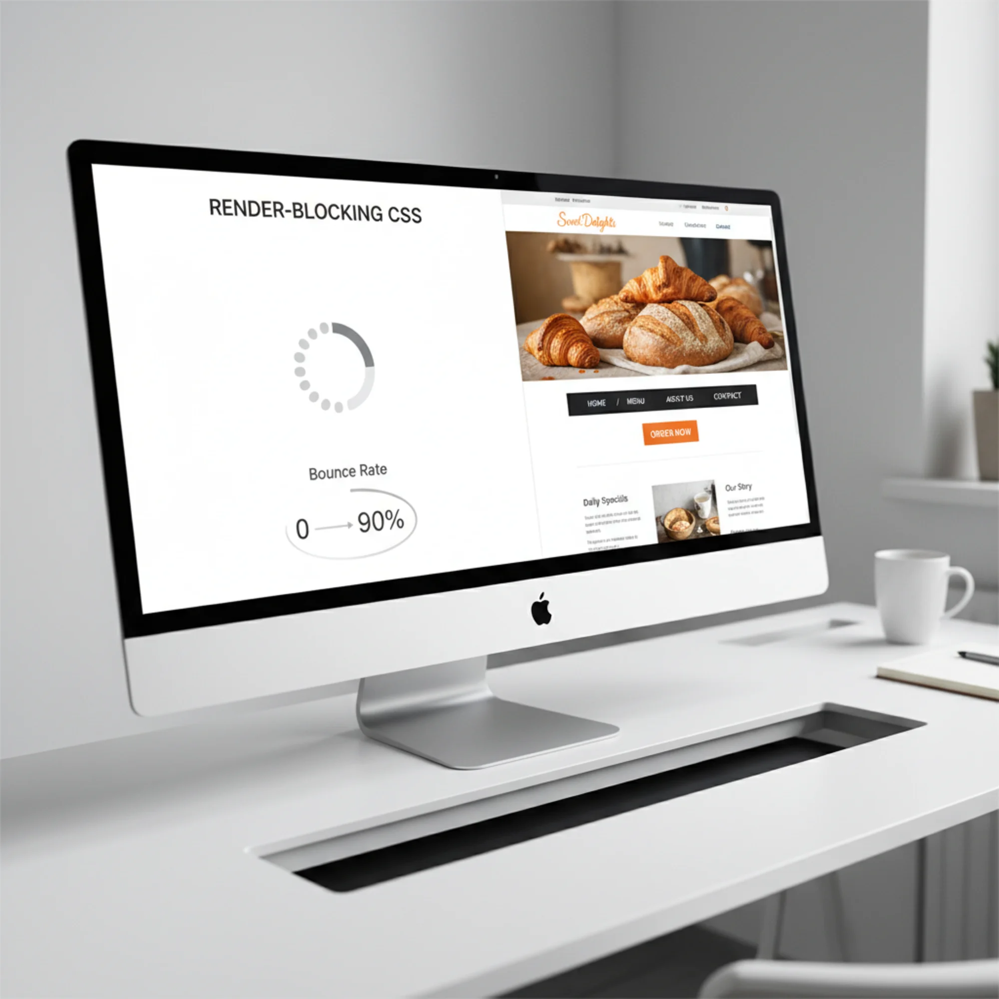 A split-screen showing two versions of a local bakery homepage: the left half is a blank white screen with a spinning loader and a bounce-rate counter climbing, the right half shows the same page fully painted with hero image, navigation bar, and Order Now button visible instantly