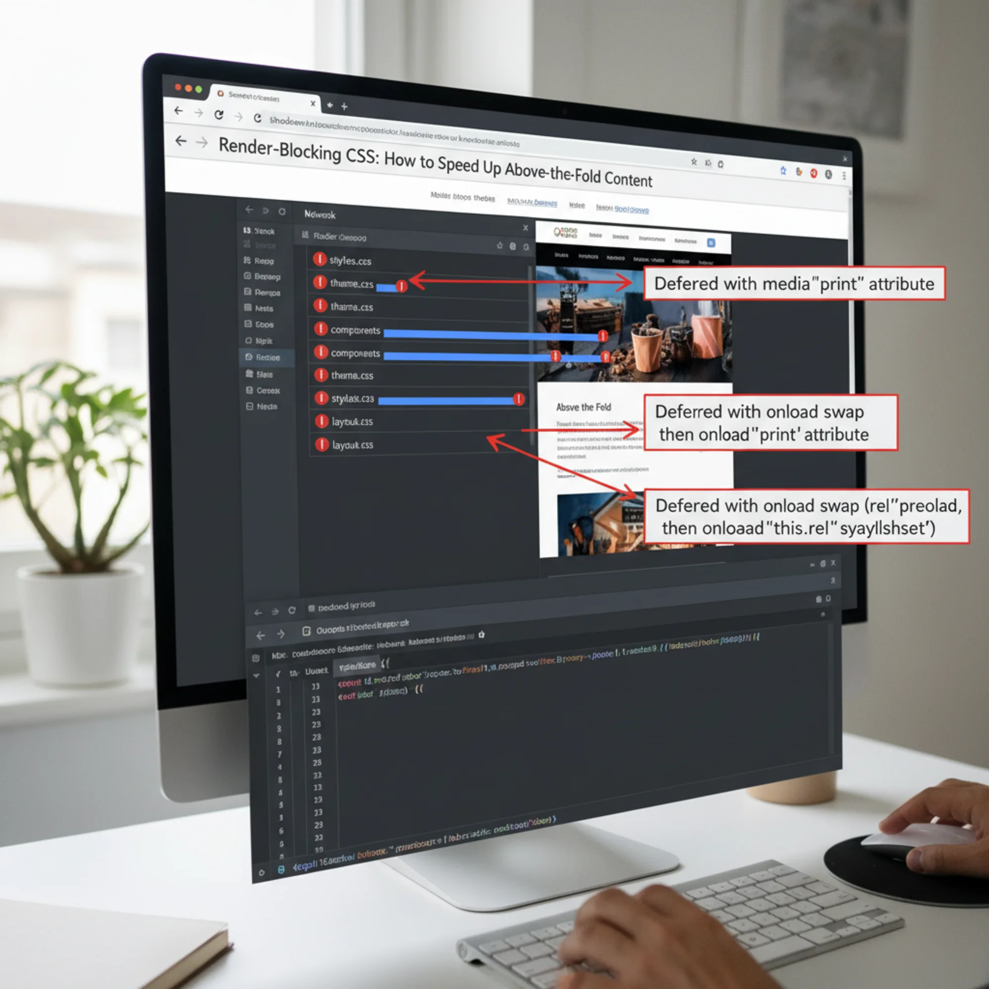 A Chrome DevTools Network waterfall panel with four CSS requests highlighted in red blocking the HTML parser, annotated arrows showing which files were converted to deferred loading using media=print and onload swap techniques