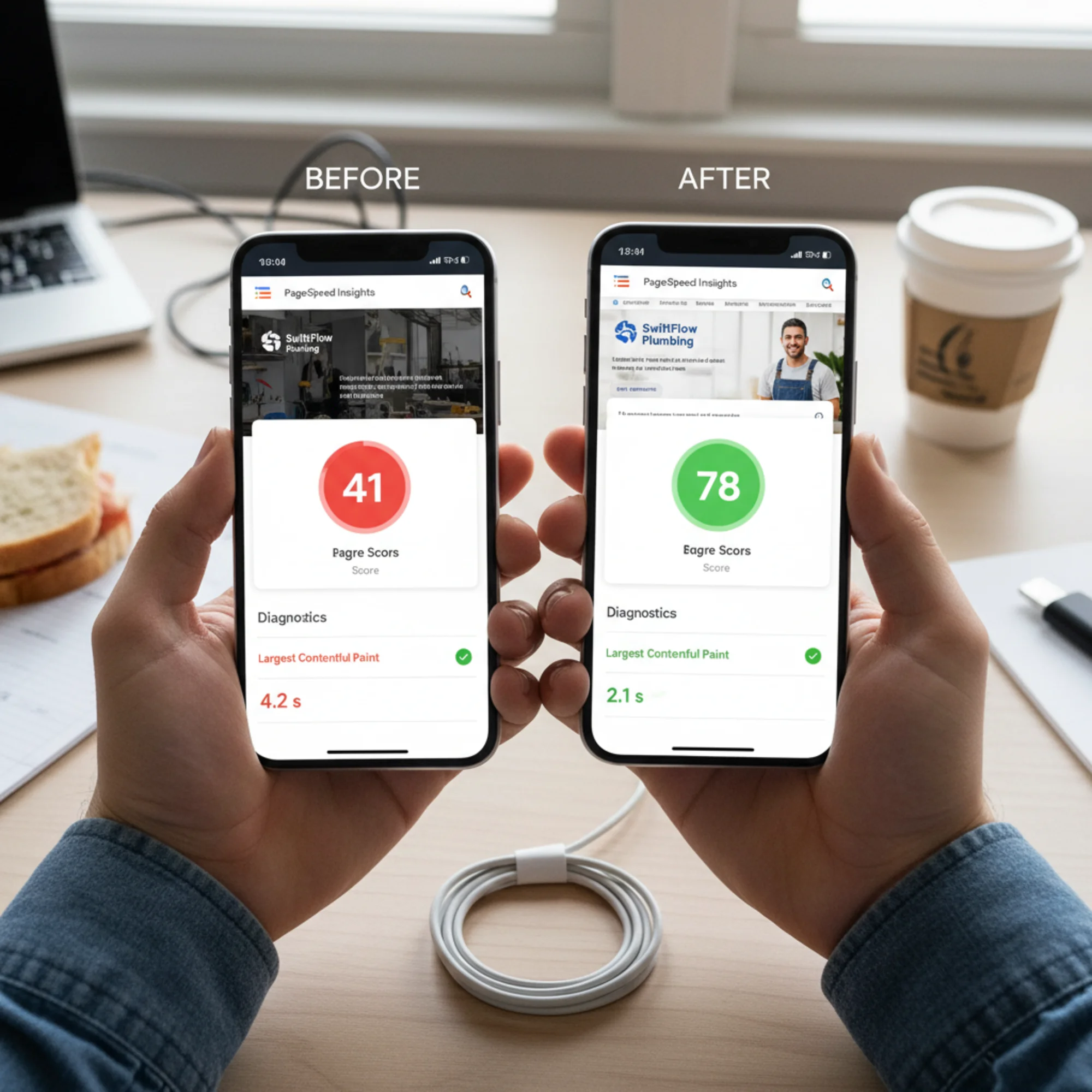 A before-and-after PageSpeed Insights mobile score for a plumbing company site jumping from a red 41 to a green 78, with the LCP metric dropping from 4.2s to 2.1s highlighted in the diagnostics panel