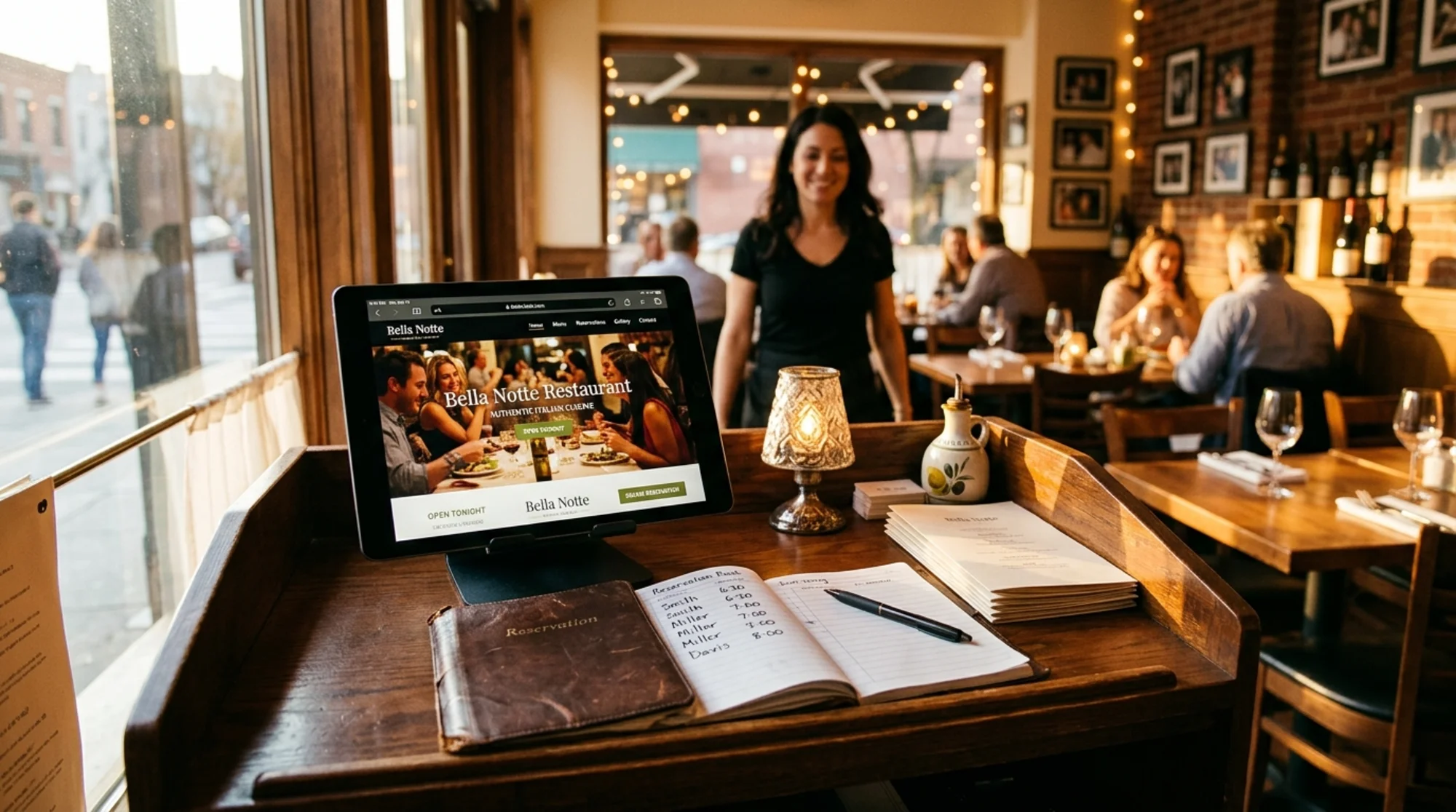 Warm interior of a small neighborhood Italian restaurant at golden hour, host stand with a tablet displaying the restaurant's homepage, leather reservation book and pen beside it, soft window light catching wine glasses, photographic style