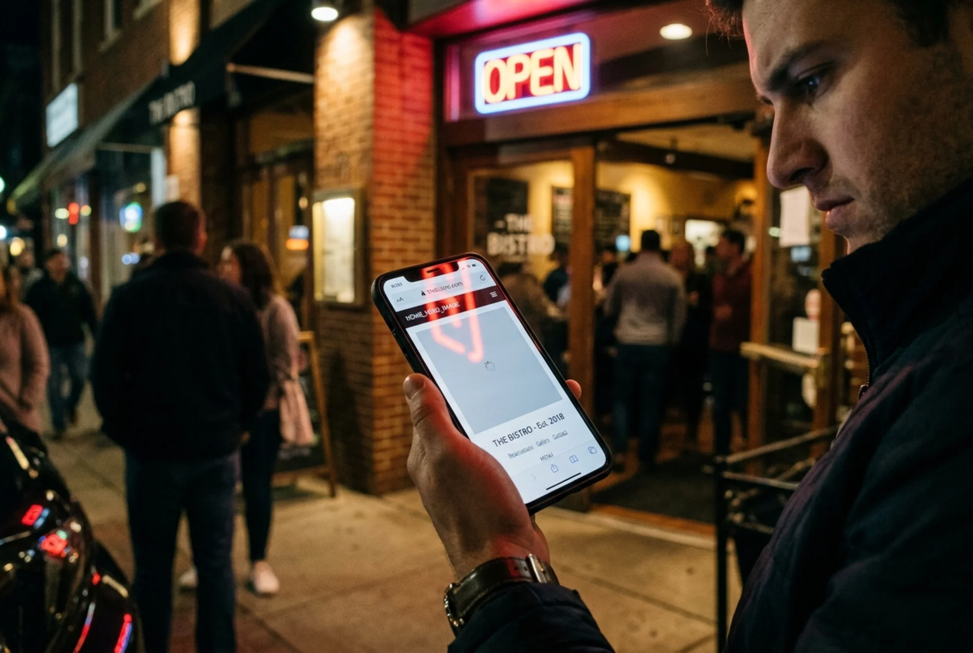 A slow-loading restaurant homepage on a customer's phone outside the restaurant on a Friday night, hero image still a gray placeholder box, "Menu" link barely visible below the fold, neon "OPEN" sign reflected in the screen