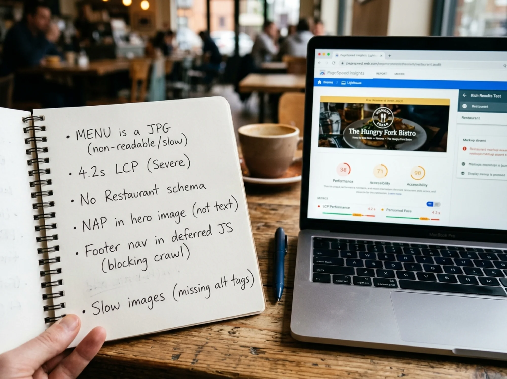 Close-up of an auditor's notebook page with handwritten findings — "menu is a JPG, 4.2s LCP, no Restaurant schema, NAP in hero image, footer nav in deferred JS" — next to a laptop showing Lighthouse scores and a Rich Results Test panel