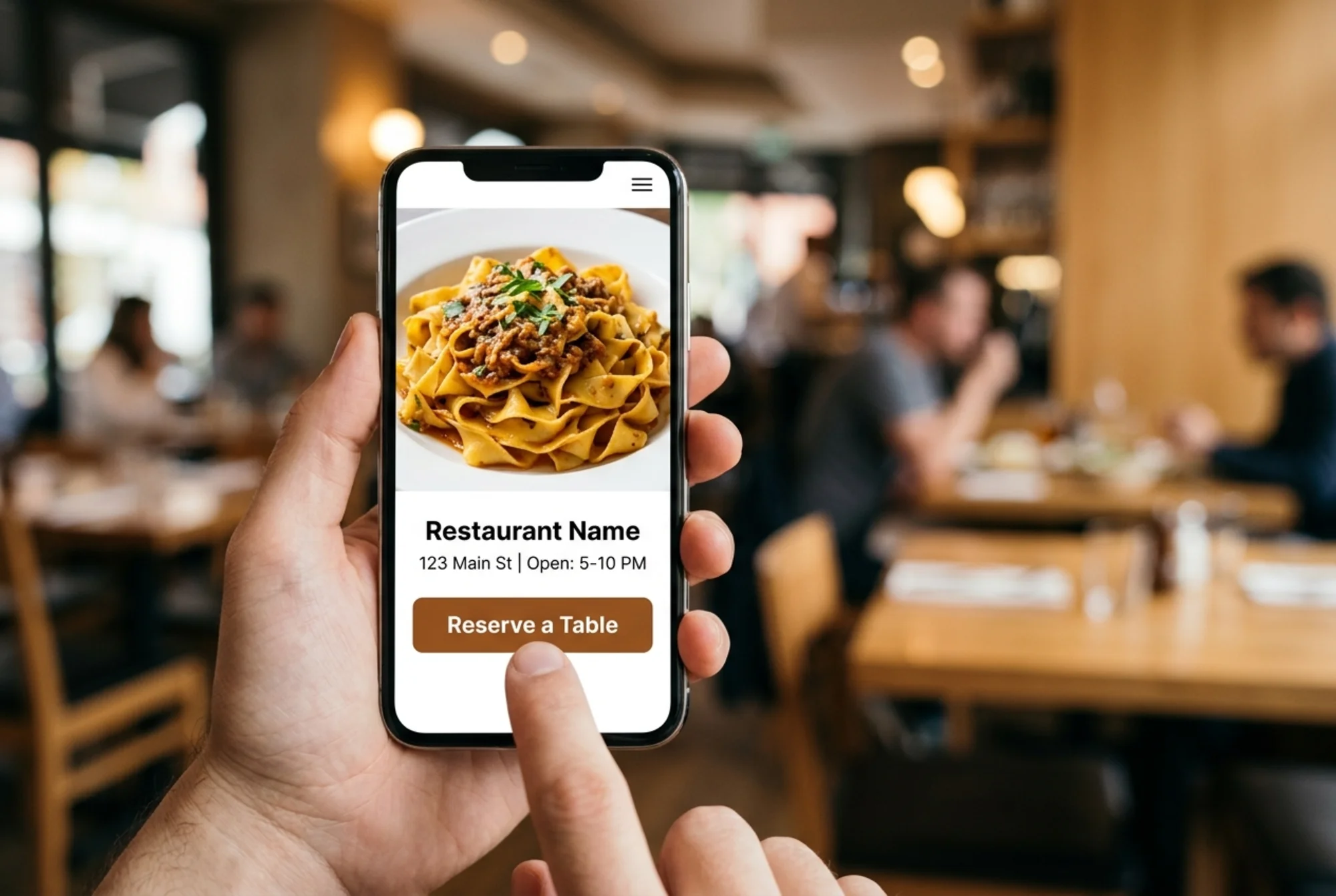 The same restaurant's homepage rendered cleanly on a phone, sharp WebP hero of fresh pappardelle, visible street address and hours in HTML text, a thumb tapping a prominent "Reserve a Table" button, warm dining room blurred in the background