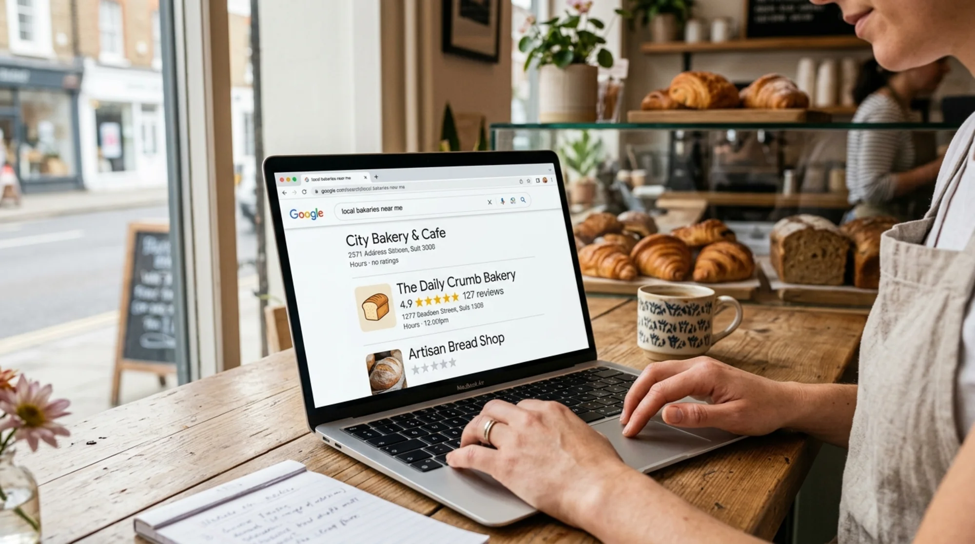 Close-up of a Google search results page on a laptop screen showing a local bakery listing with five gold stars and "127 reviews" displayed beneath the business name, two competitor listings above and below have no stars, warm natural window lighting