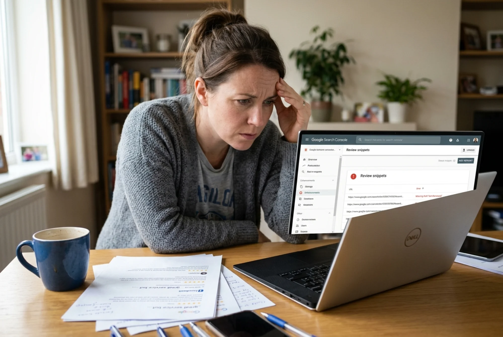 A small business owner looking frustrated at a laptop showing Google Search Console's "Review snippets" report with a red warning icon and the message "Missing field 'itemReviewed'", coffee mug and printed customer review printouts on the desk
