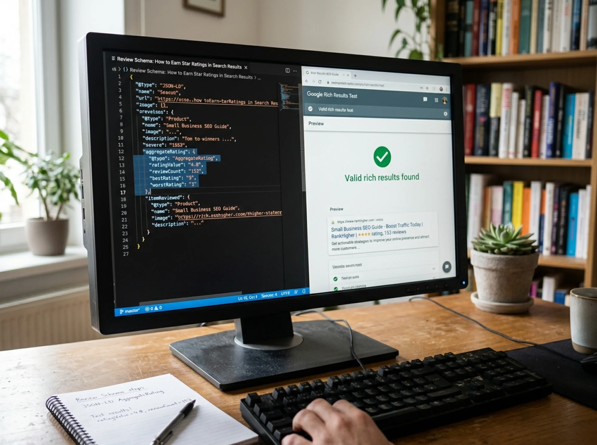 Split-screen monitor view: left side shows a JSON-LD code editor with AggregateRating markup highlighting ratingValue, reviewCount, and itemReviewed properties; right side shows Google's Rich Results Test with a green checkmark and a preview of a starred search snippet