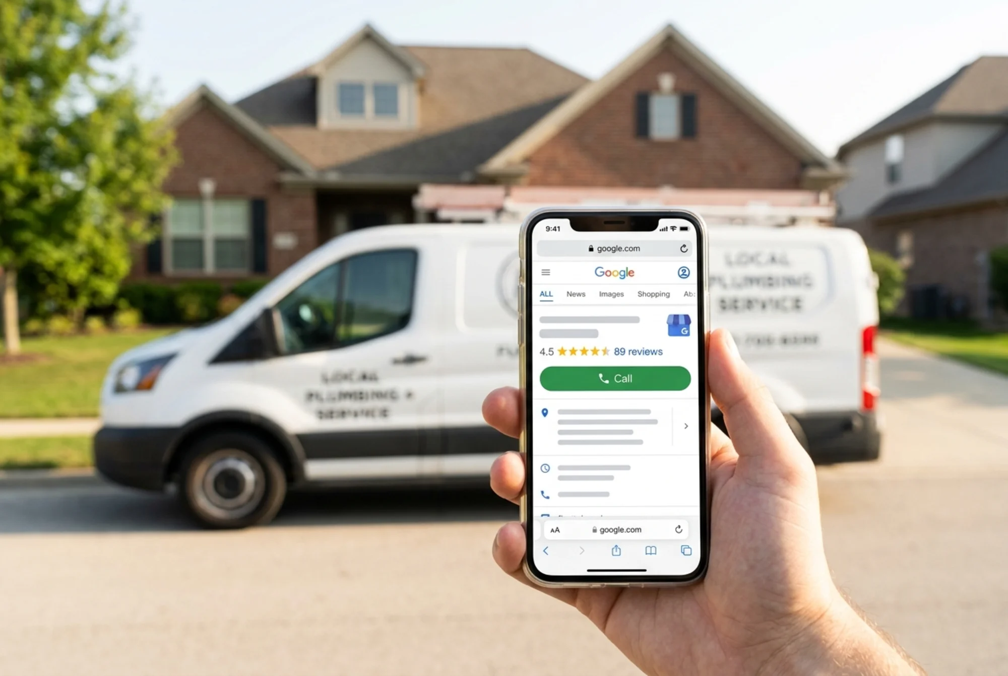 A local plumbing service van parked in front of a suburban home, with a hand holding a smartphone in the foreground showing a mobile search result for the business displaying four-and-a-half gold stars, "89 reviews", and a tap-to-call button