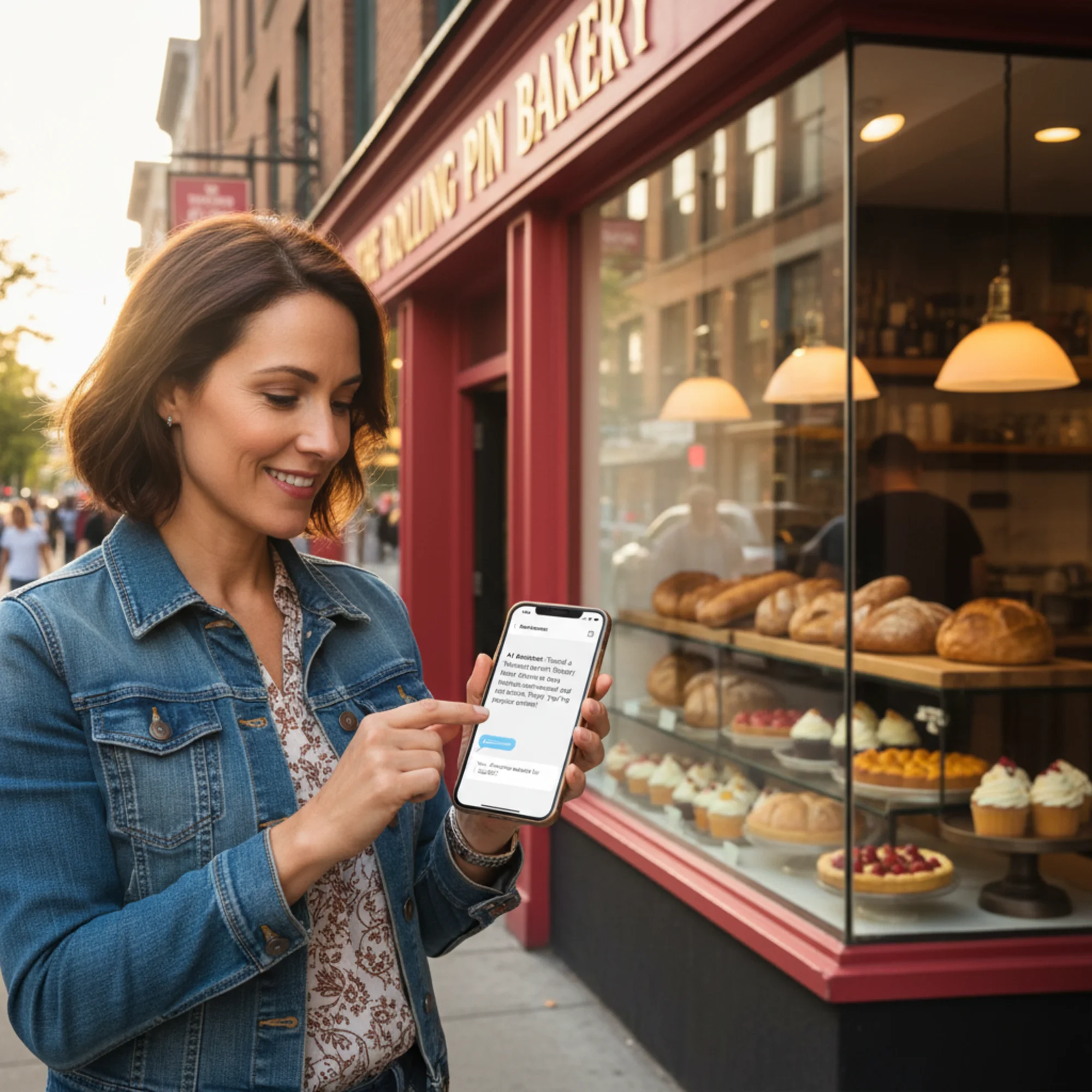 A small business owner reading a phone screen where an AI assistant is recommending a local bakery by name, with the bakery storefront and display case visible in the background
