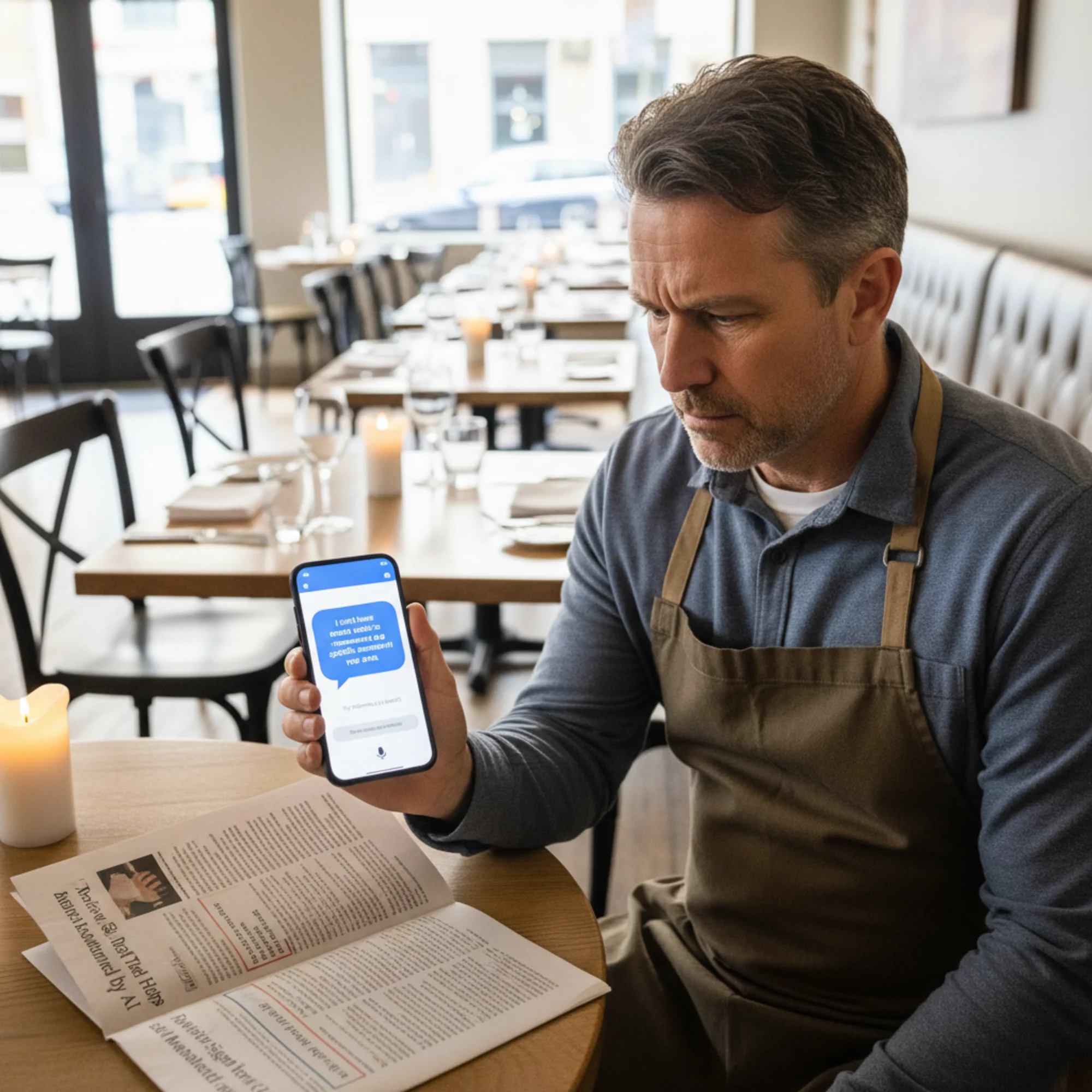 A frustrated restaurant owner staring at a phone showing an AI assistant response that says "I don't have enough information to recommend a specific restaurant in your area," with empty tables behind them