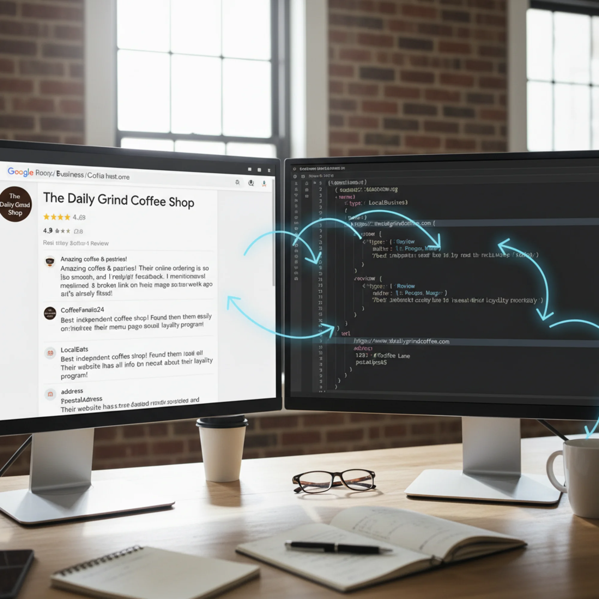 A split-screen showing a Google Business Profile with detailed customer reviews on one side and LocalBusiness JSON-LD structured data in a code editor on the other, with arrows connecting review snippets to schema fields