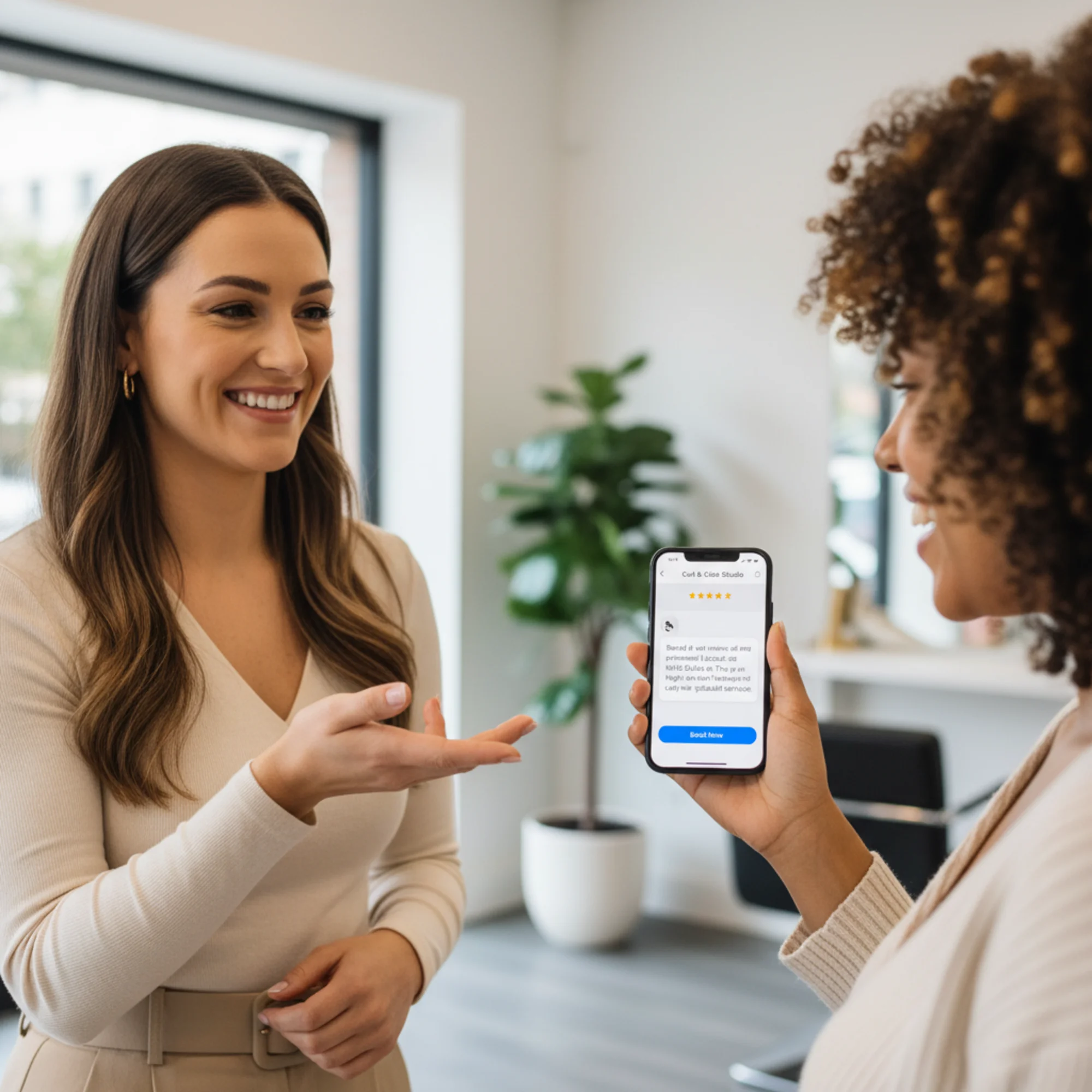A happy salon owner showing a returning customer their phone where an AI assistant is recommending their salon with a star rating and specific services like "balayage" and "curly hair specialist" mentioned