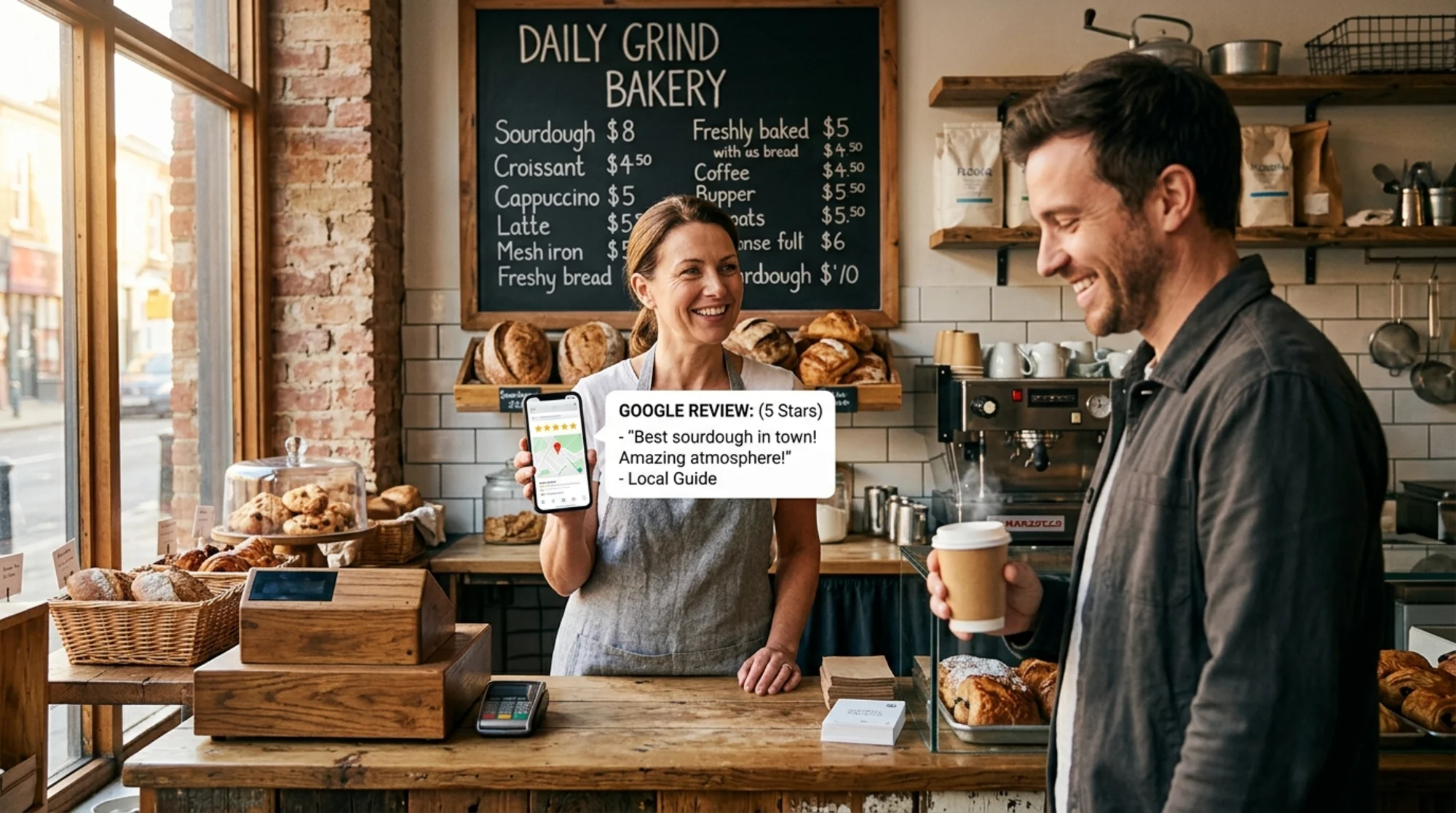 A small bakery owner standing behind the counter holding a phone showing a fresh five-star Google review notification for the bakery, a customer smiling in the foreground holding a coffee, warm morning light through the window, chalkboard menu visible behind