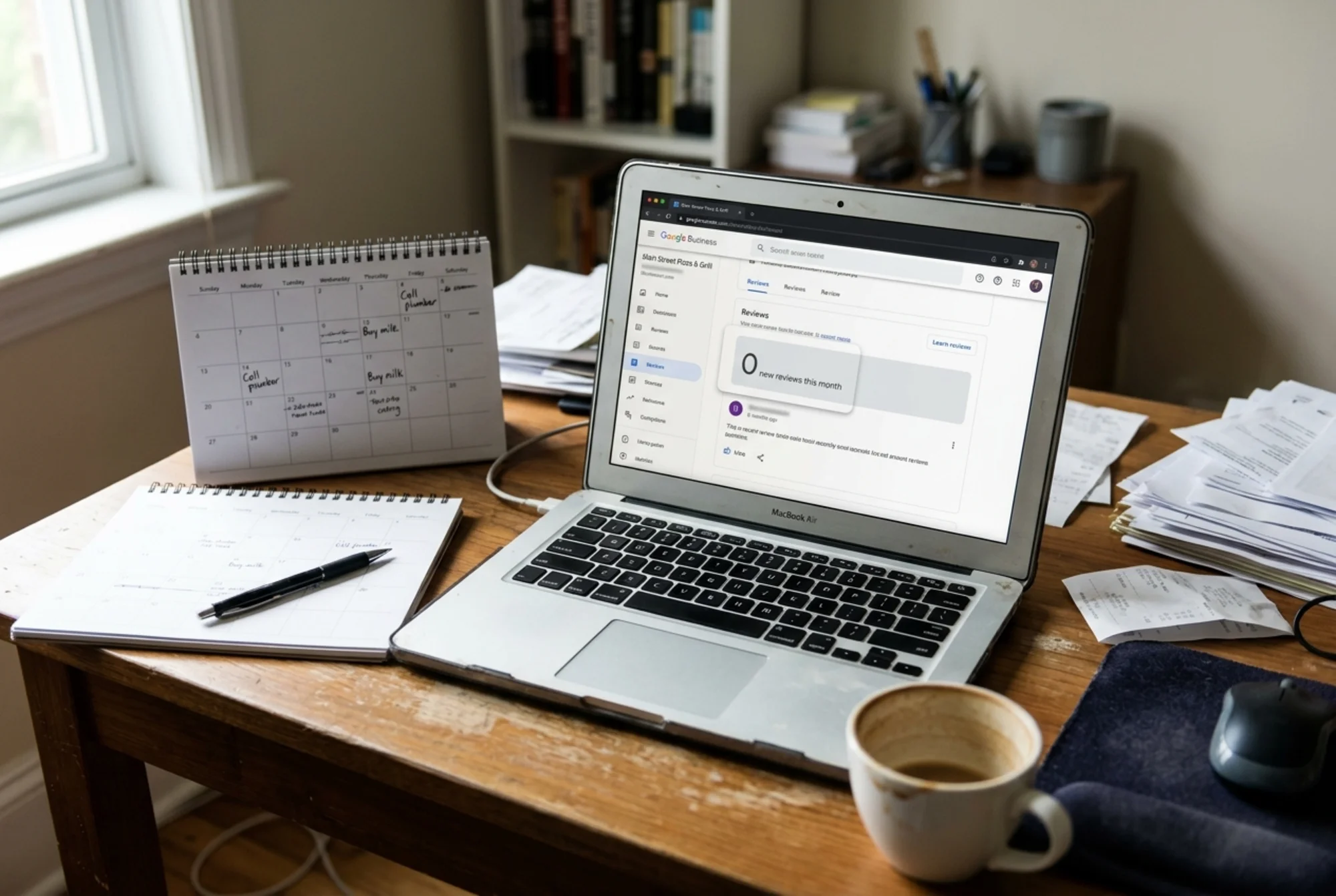 A laptop screen showing a Google Business Profile dashboard with the most recent review dated eight months ago and a "0 new reviews this month" badge, a paper calendar beside it with no reminders set, a half-empty coffee cup on a cluttered desk