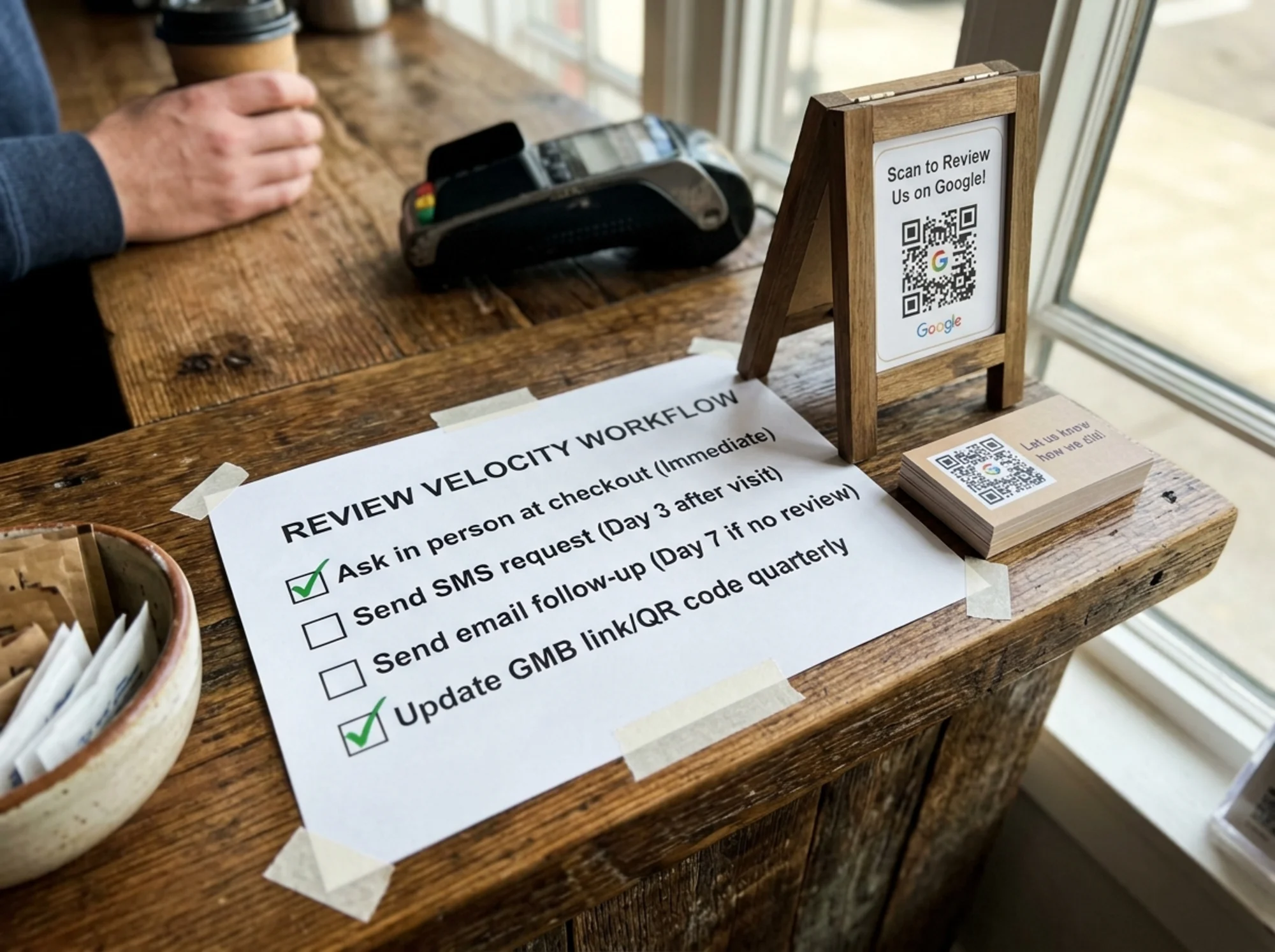 A close-up of a printed review-request workflow taped to a coffee shop counter with checkboxes for "ask in person at checkout," "send SMS day 3," and "send email day 7," next to a small QR code stand pointing customers to the Google review link, a stack of business-card-sized review request cards beside it