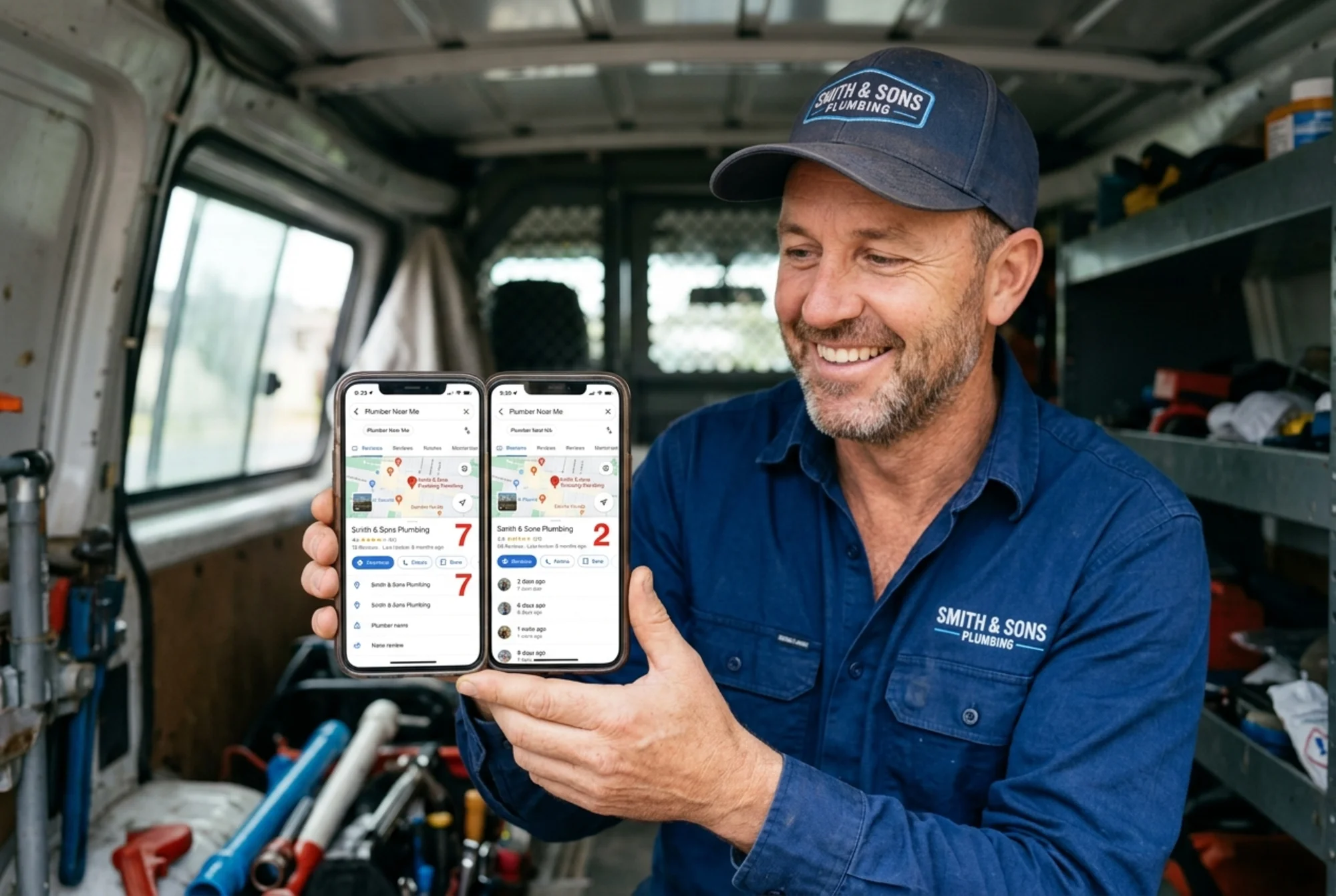 A side-by-side phone screen comparison held by a local plumber in a service van: left screen shows a Google Maps listing with 12 stale reviews ranked at position 7, right screen shows the same business with a steady weekly review trickle ranked at position 2, the plumber smiling