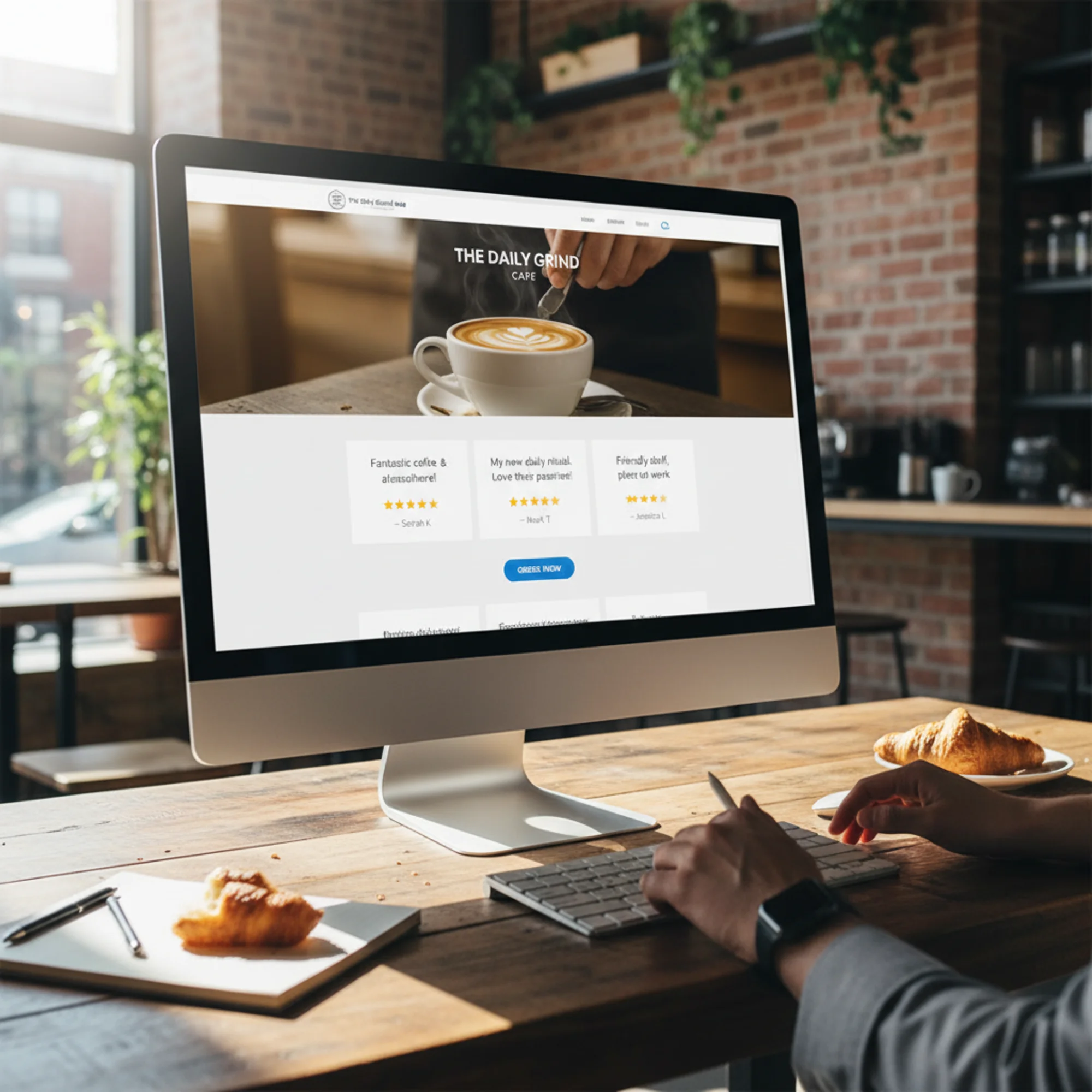 A small business website homepage on a desktop monitor showing three short customer reviews with star ratings and real names positioned directly below the hero banner, with a CTA button visible just beneath the review section