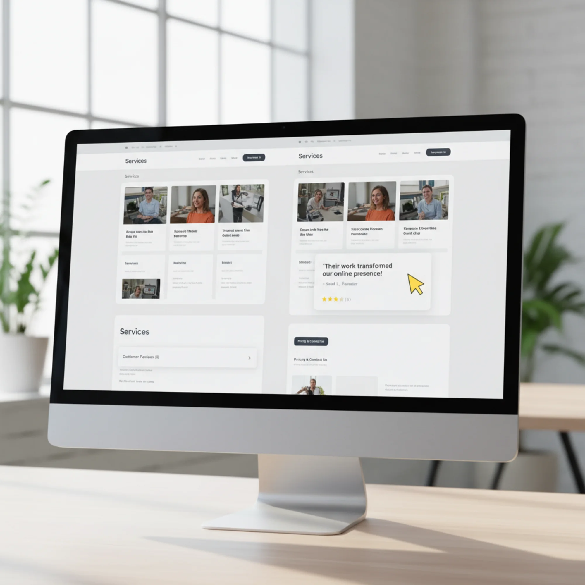 A split-screen comparison of two service pages: one with customer reviews buried in a collapsed tab at the page bottom showing zero interactions, and one with a highlighted review snippet placed next to the pricing and contact button drawing a visitor's attention