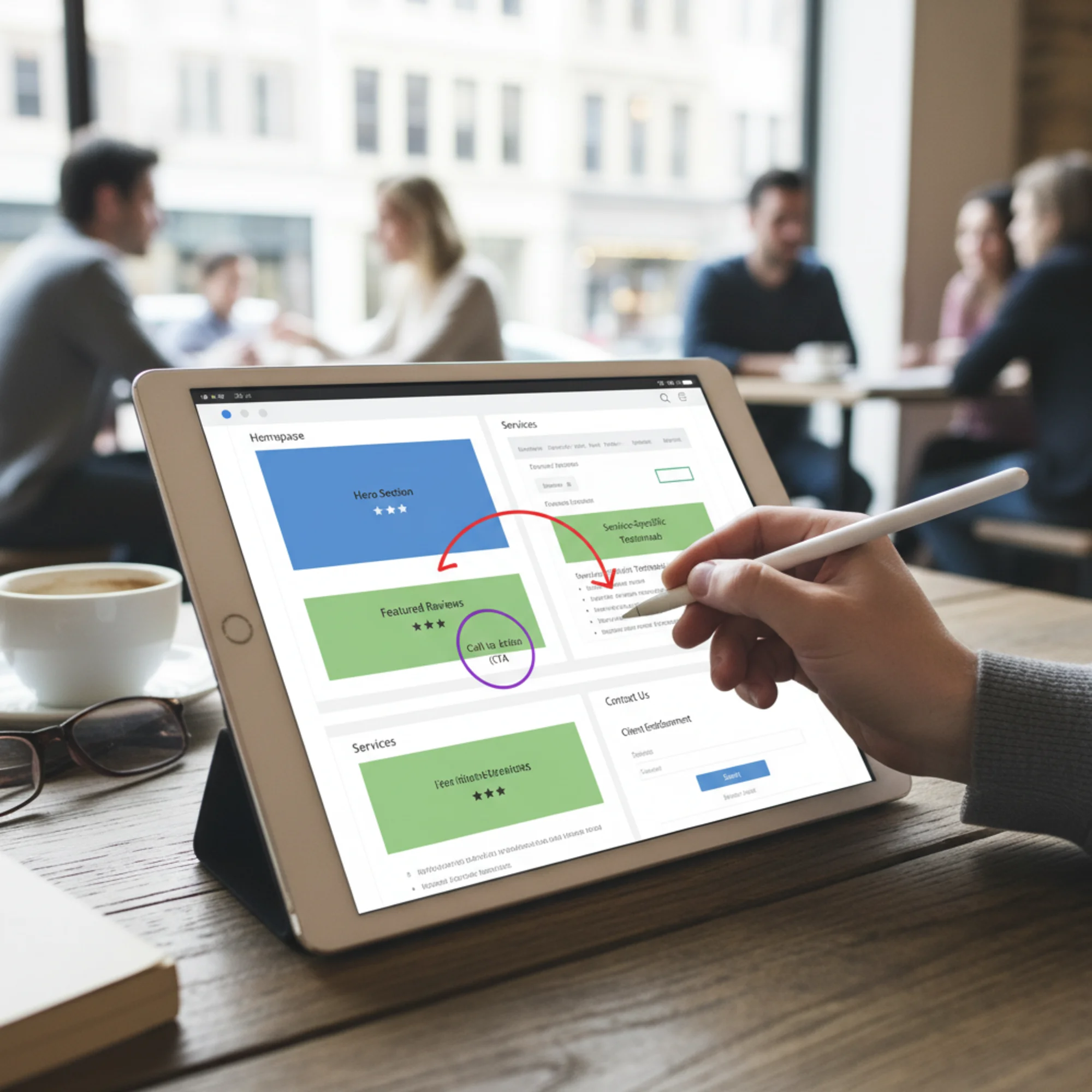 A website wireframe being annotated with colored highlight zones marking optimal review placement positions on a homepage, service page, and contact form page, with directional arrows tracing the visitor's reading flow from hero to CTA