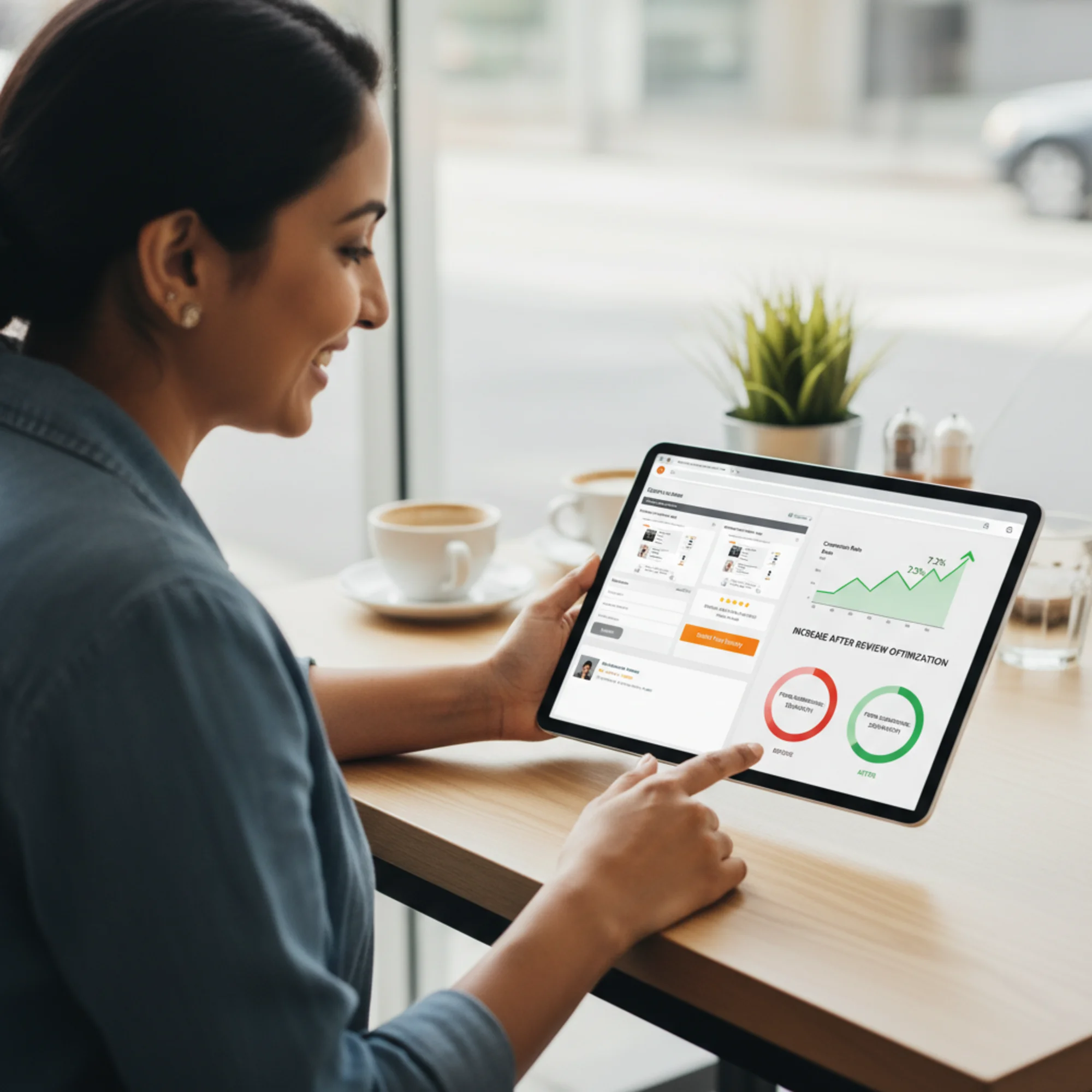 A small business owner viewing a website analytics dashboard on a tablet showing a conversion rate increase after repositioning customer reviews, with a clear before-and-after comparison of form submission metrics on screen