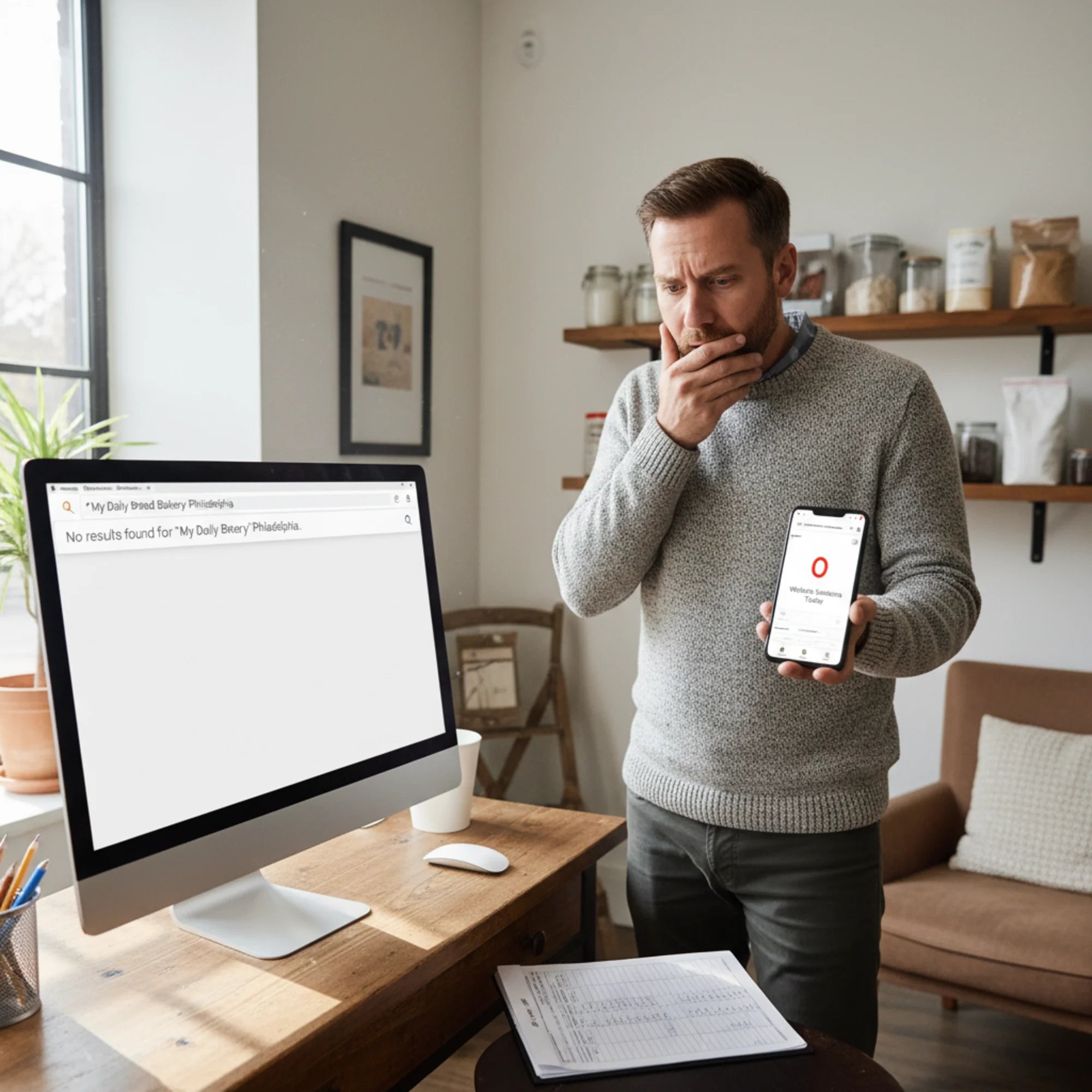 A small business owner staring at a completely blank Google search results page after typing their own business name, phone in hand showing zero website traffic
