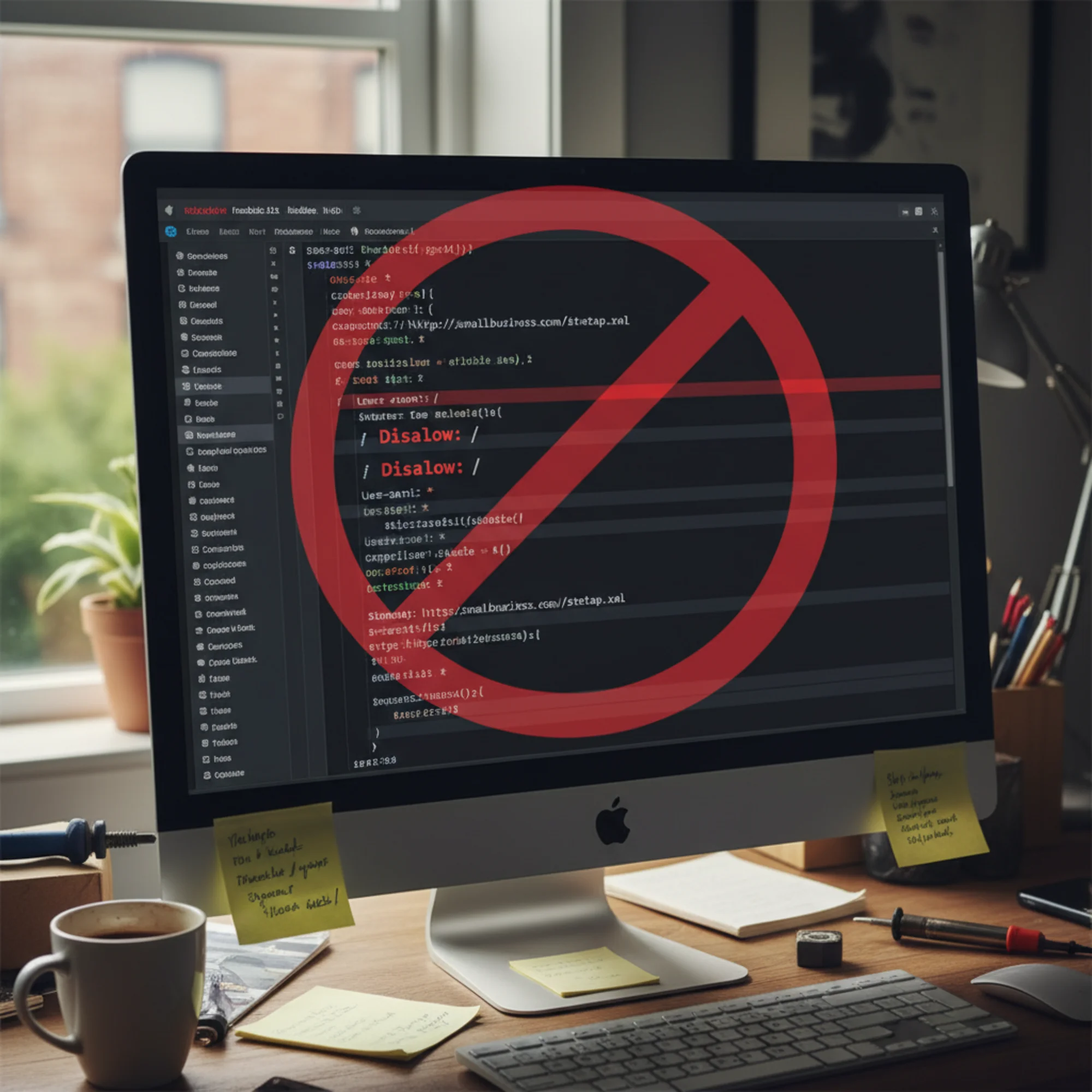 A code editor displaying a robots.txt file with the line Disallow: / highlighted in red, a large prohibition symbol overlaying the screen to show the entire website is blocked from Google