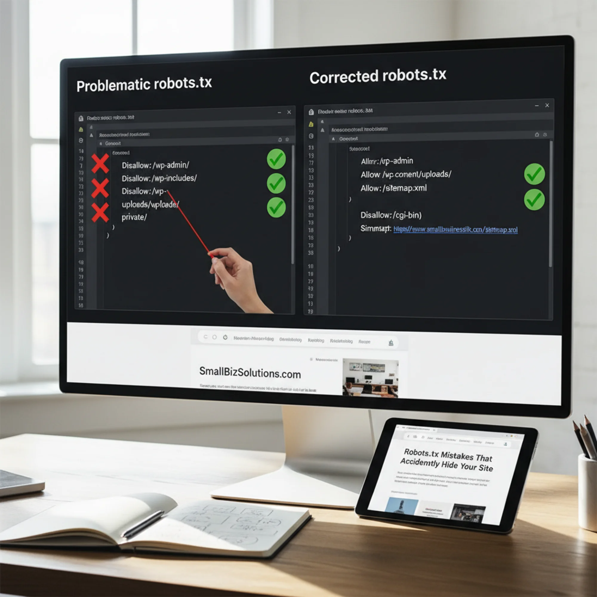 A side-by-side comparison of two robots.txt files: the left one marked with red crosses showing Disallow lines blocking key directories, the right one marked with green checkmarks showing correct Allow rules and a Sitemap directive