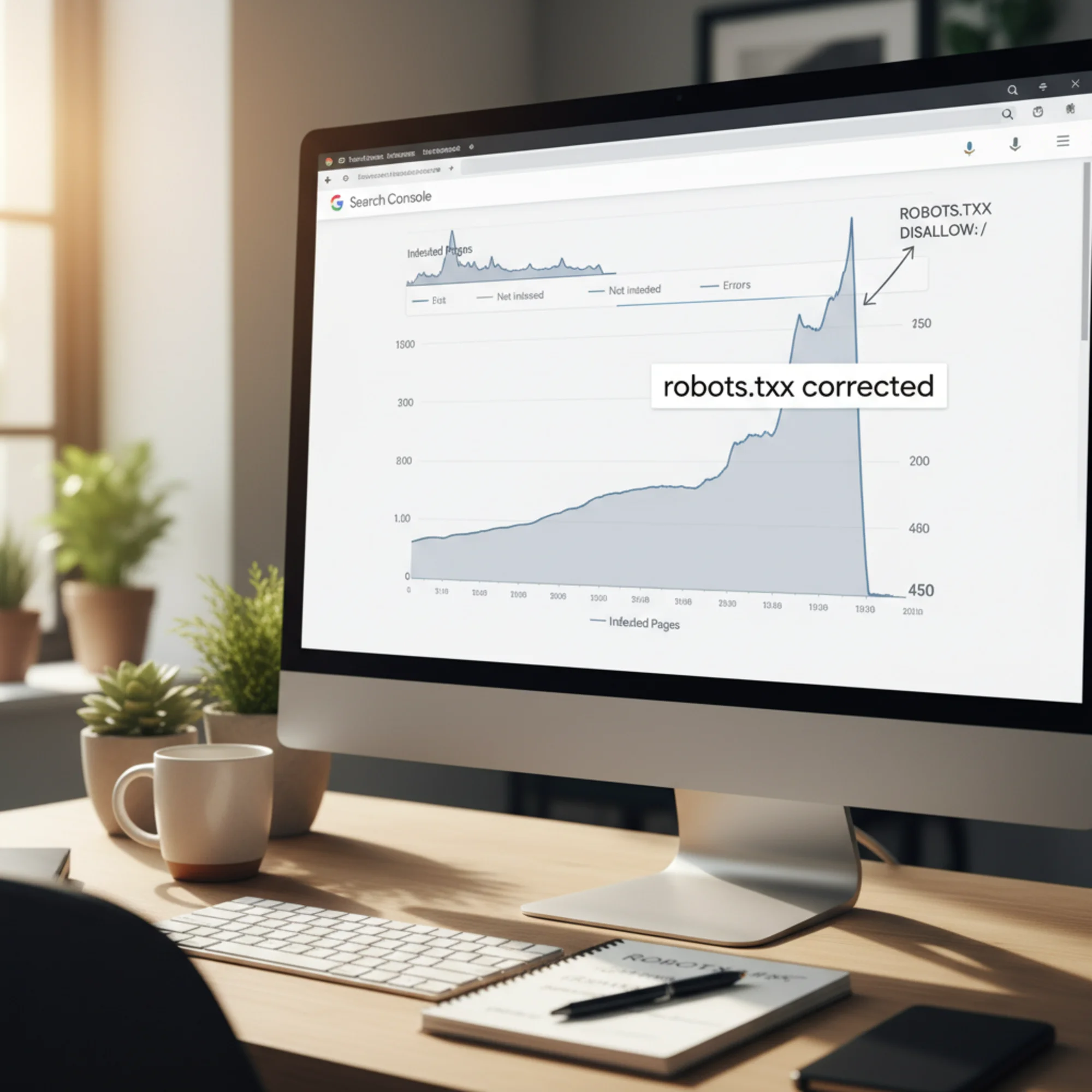 A Google Search Console coverage report graph showing indexed pages jumping from near-zero to hundreds after a robots.txt fix, with a clear inflection point labeled "robots.txt corrected"