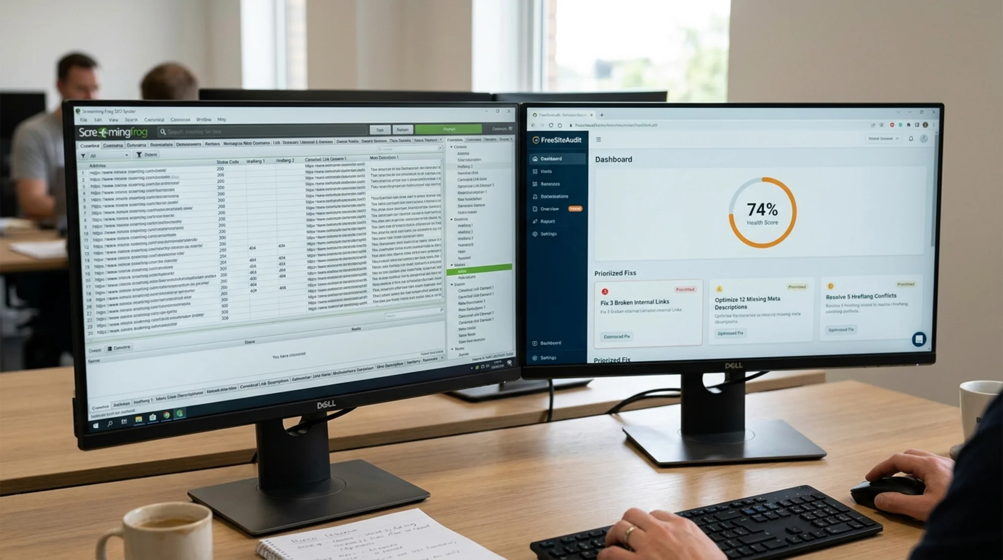 Split-screen monitor view contrasting a dense Screaming Frog SEO Spider crawl table on the left filled with URL rows, status codes, hreflang, canonical and meta columns, against a clean FreeSiteAudit browser dashboard on the right showing a single health score gauge and three prioritized fix cards, neutral office lighting