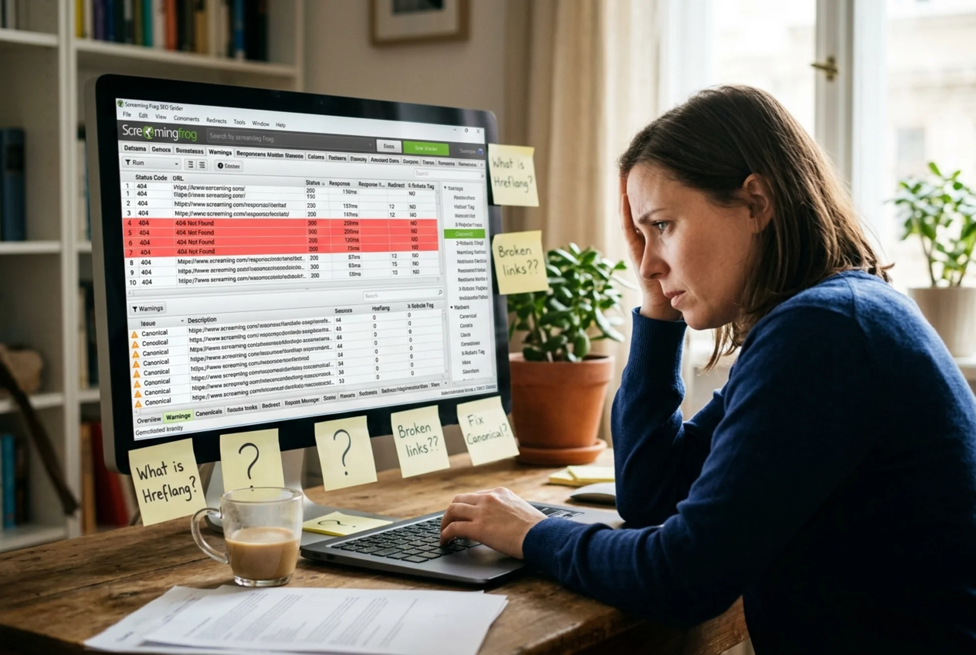 A small business owner at a laptop looking overwhelmed by a Screaming Frog interface filled with red 404 rows, canonical warnings, and unfamiliar columns labeled 'Hreflang' and 'X-Robots-Tag', sticky notes with question marks stuck to the monitor bezel, late afternoon window light