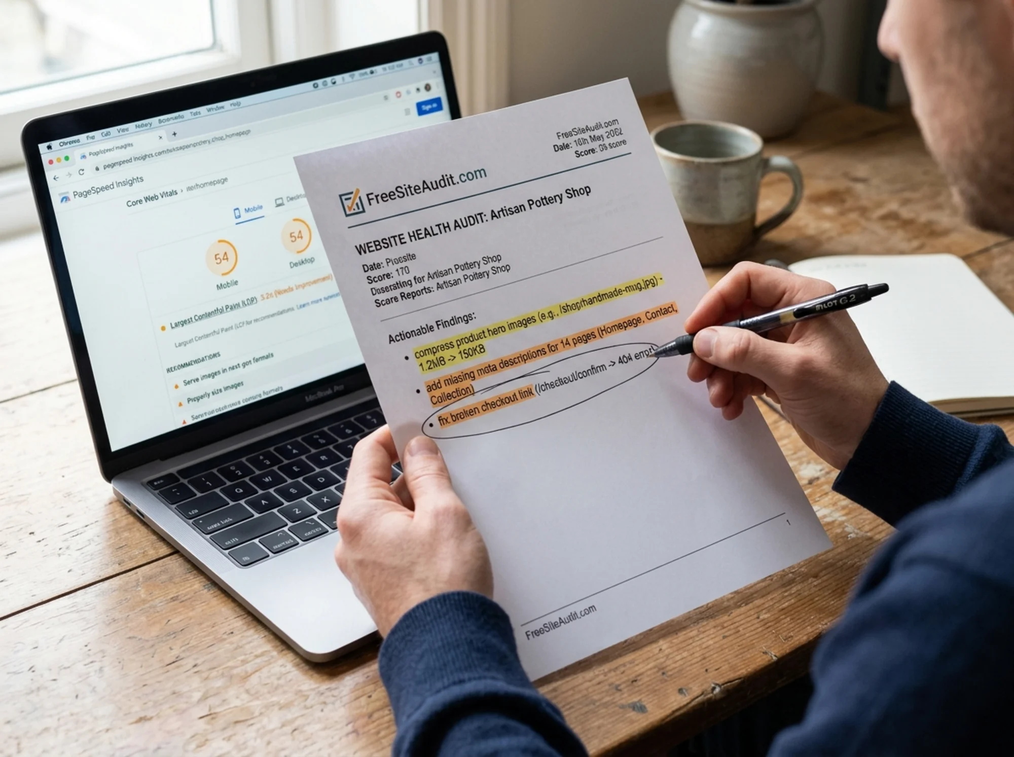 Close-up of a marketer's hands holding a printed FreeSiteAudit one-page report with highlighted action items reading 'compress product hero images', 'add missing meta descriptions', and 'fix broken checkout link', pen circling the top priority next to a laptop showing Core Web Vitals scores