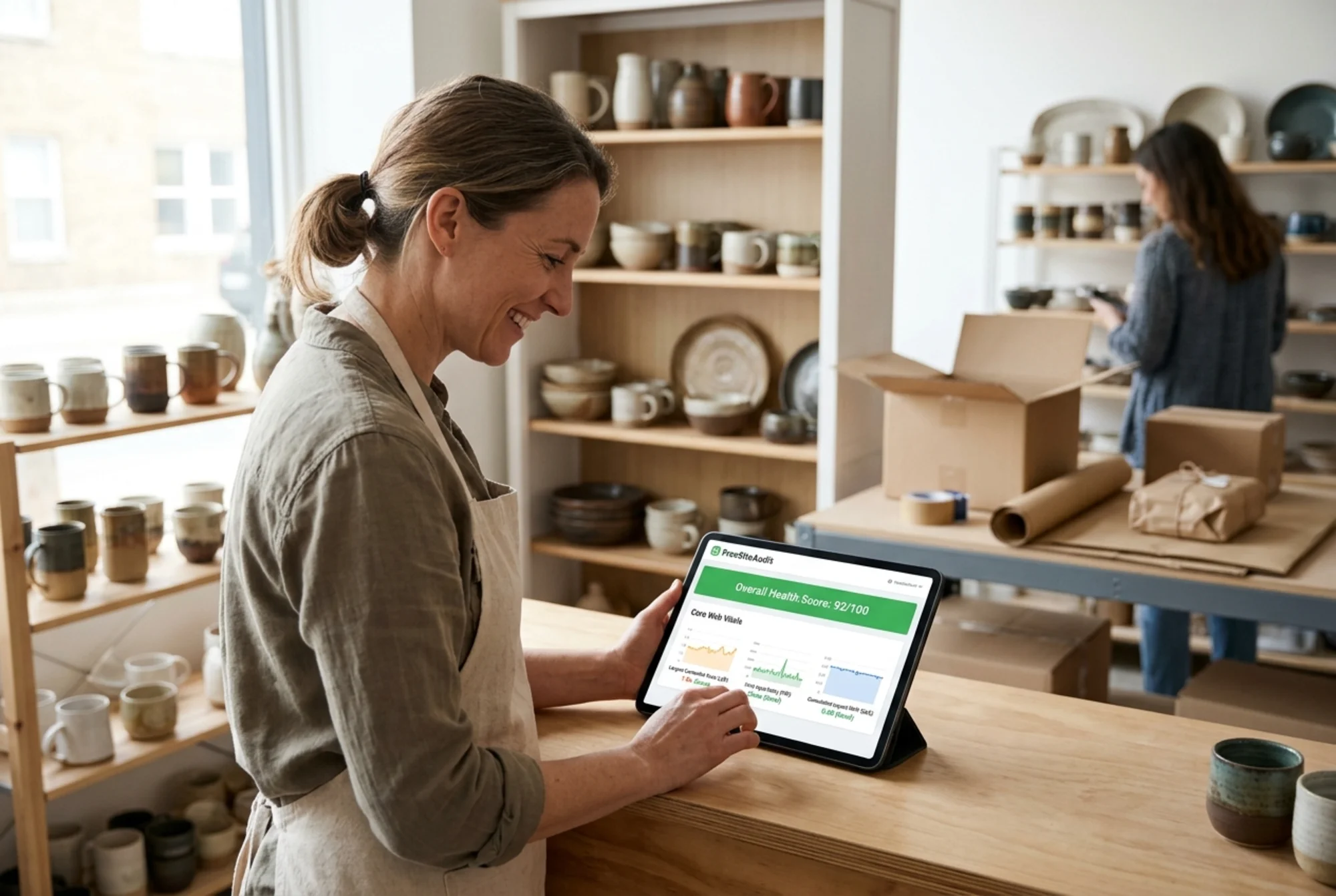 A ceramics shop owner smiling at a tablet on the counter showing a green FreeSiteAudit health score and improved Core Web Vitals graphs, handmade pottery and a packing station visible in the background, customer browsing in soft focus
