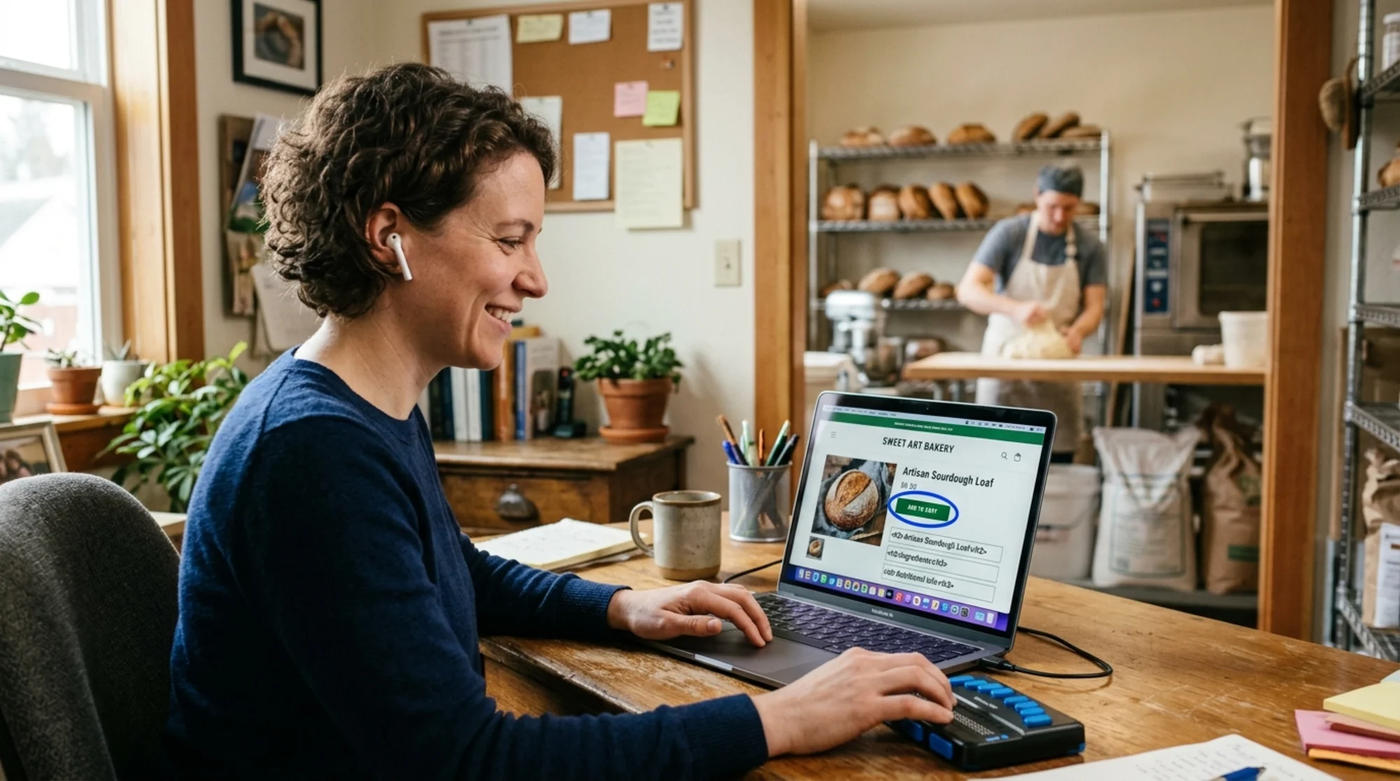 A blind professional woman in a small bakery office wearing earbuds, smiling as she navigates a bakery's product page on her laptop using VoiceOver, with the screen showing clear focus outlines around an "Add to cart" button and structured headings visible in the page