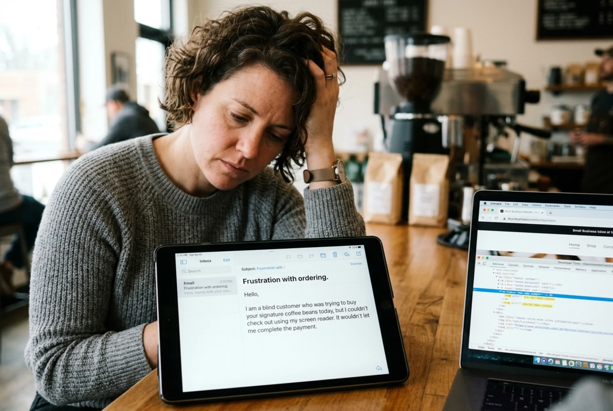 Close-up of a frustrated small business owner at a coffee shop counter looking at a customer complaint email on a tablet, with the email visibly mentioning "couldn't check out with my screen reader" and the shop's homepage open on a nearby monitor showing unlabeled icon buttons and empty alt attributes in dev tools