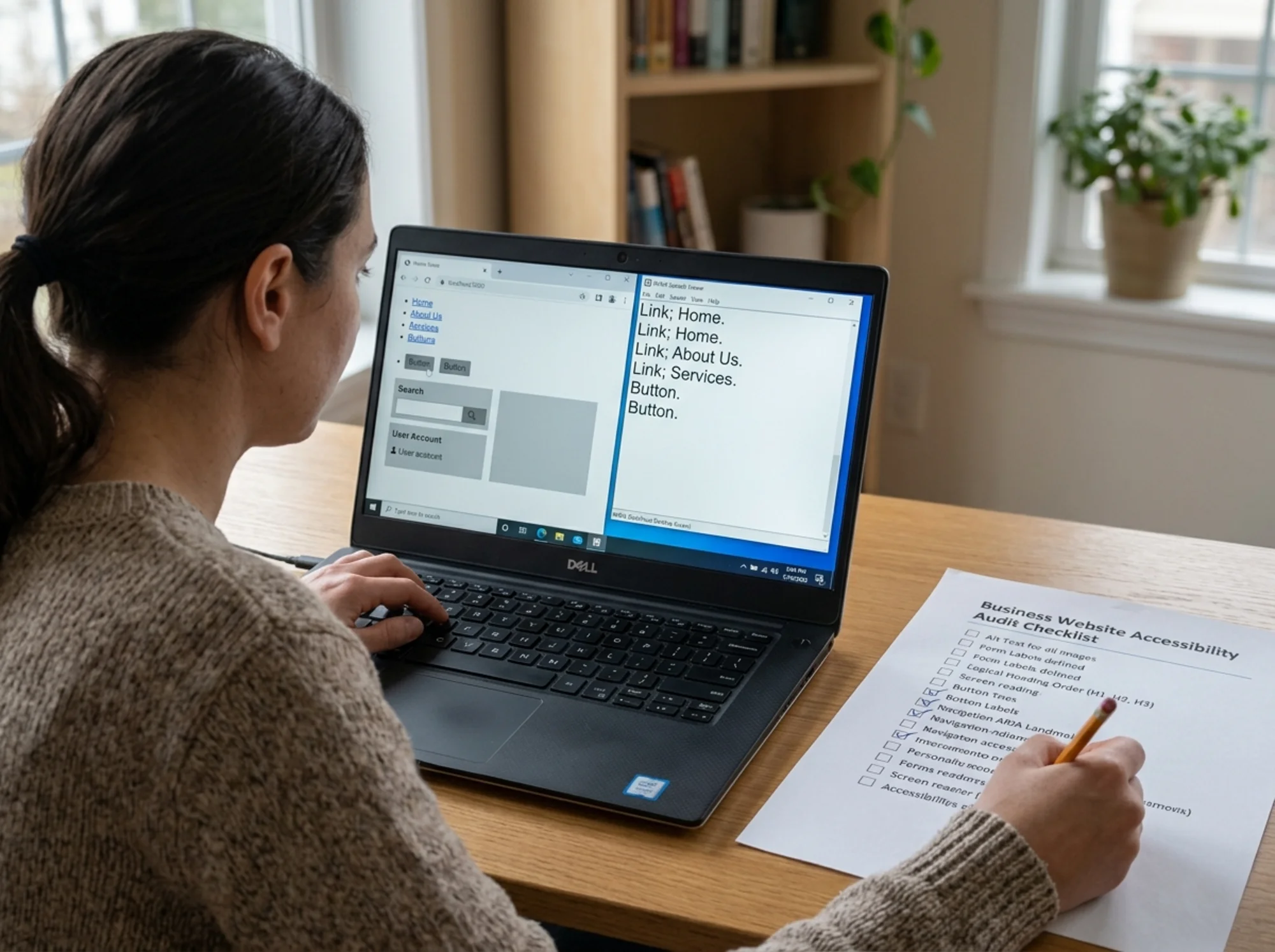 Split-screen workspace showing a marketer running NVDA on a Windows laptop with the speech viewer open, listing aloud "button, button, button" for an unlabeled navigation, next to a printed audit checklist with items like "alt text", "form labels", "heading order" being ticked off with a pencil