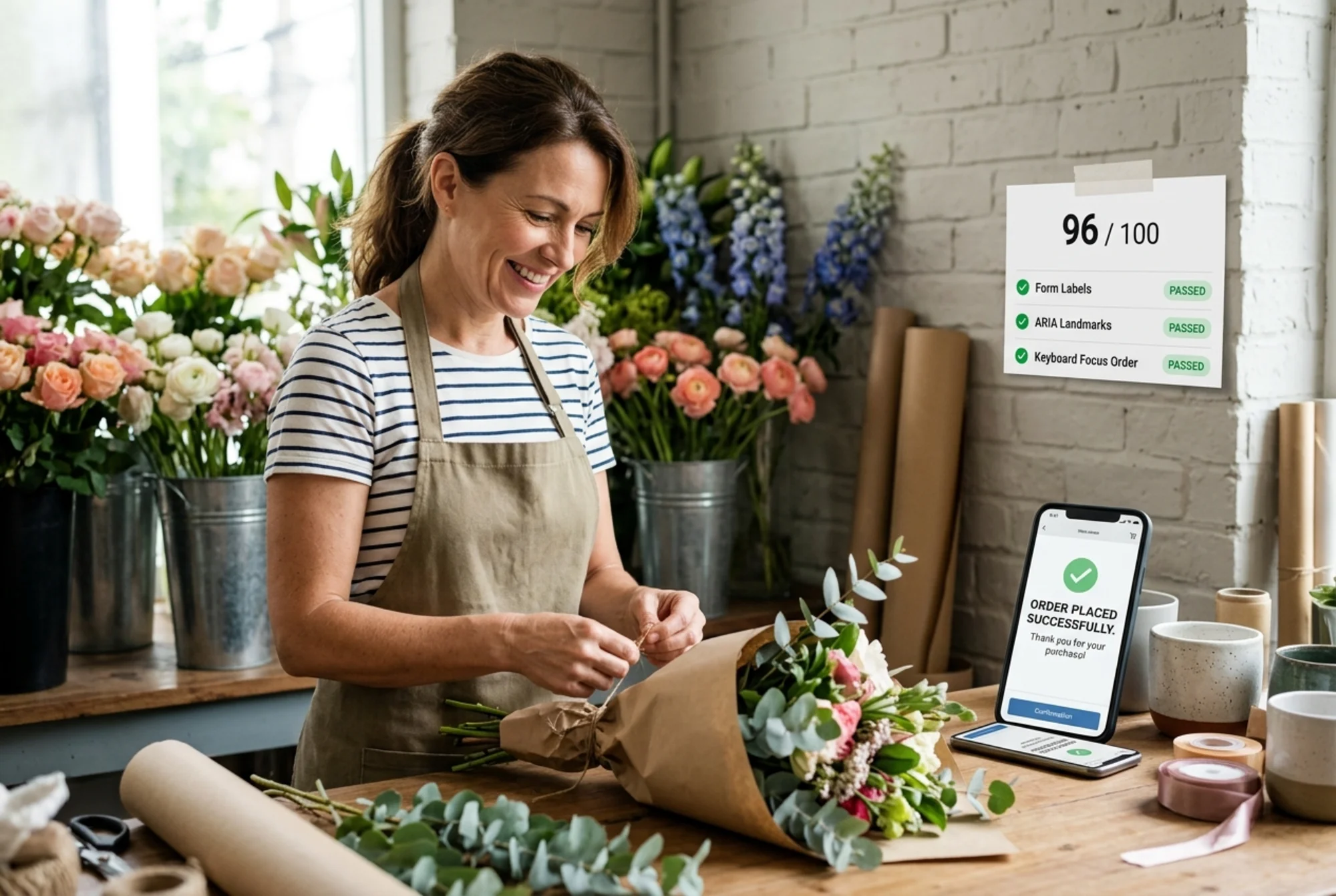 A florist owner happily packing an online order in her shop, with her phone open to a confirmation screen reading "Order placed successfully," and a small printout taped to the wall showing a screen reader audit scoring 96/100 with green checkmarks next to "labels," "landmarks," and "focus order"
