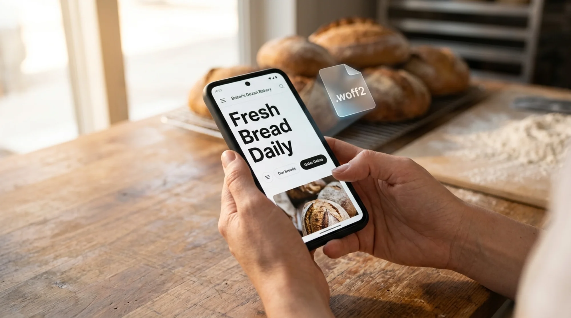A small bakery website homepage on a mobile phone screen showing a custom Inter-style headline "Fresh Bread Daily" loading crisply, with a small woff2 file icon floating beside the phone, warm morning light, photographic style