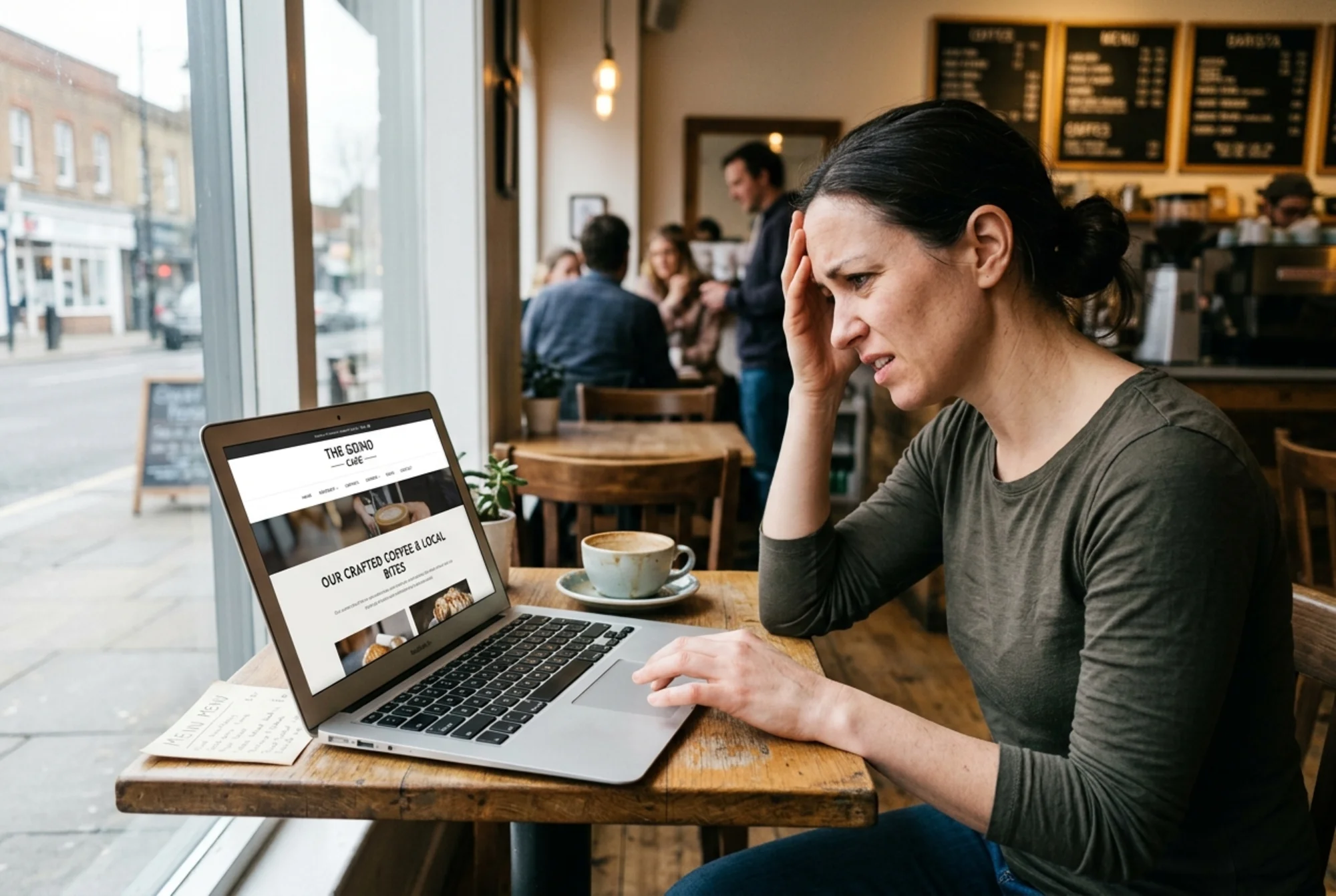 A frustrated cafe owner staring at a laptop showing a website with invisible headline text and a hero section that has just reflowed downward, coffee cup half-empty, daytime window light, candid photographic style