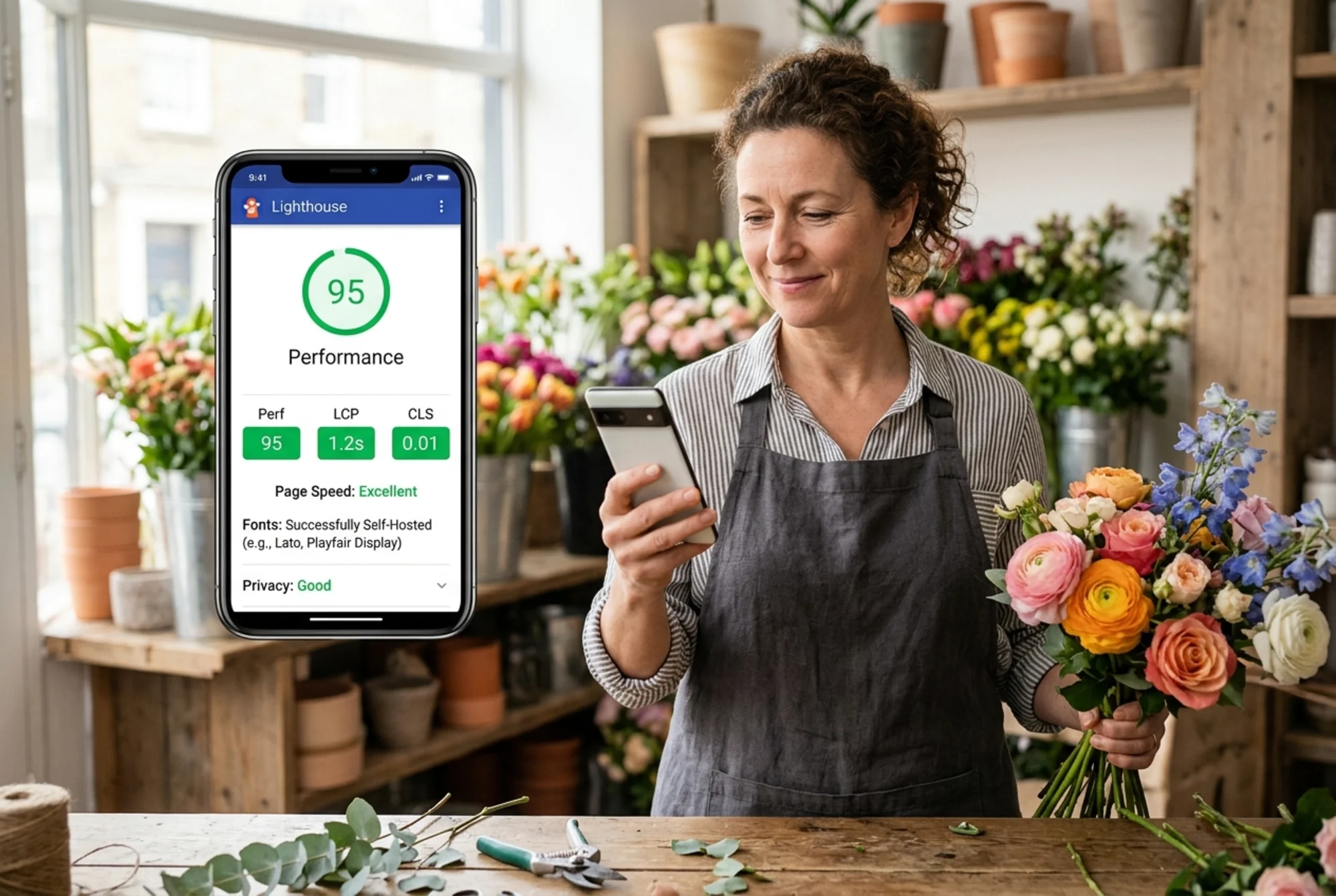 A florist checking her phone showing a Lighthouse-style performance summary with improved LCP and CLS scores after a font self-hosting change, smiling slightly, shop counter with bouquets in background, natural photographic style