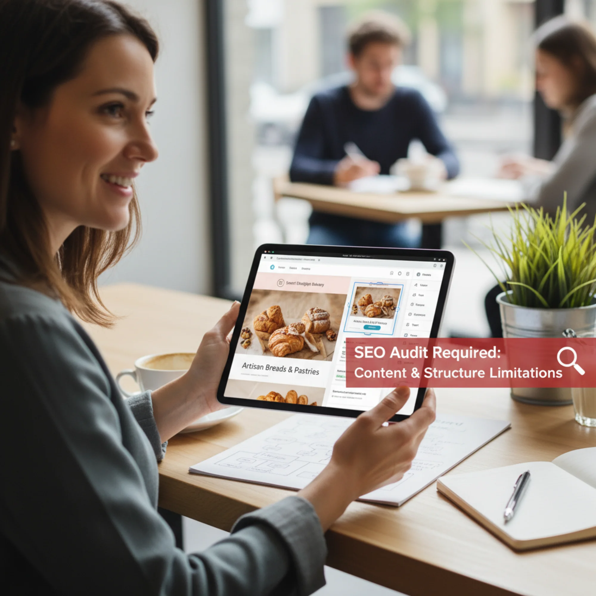 A small business owner previewing their Canva website on a tablet, with the Canva drag-and-drop editor visible showing a polished one-page bakery site with large hero images and colorful template elements
