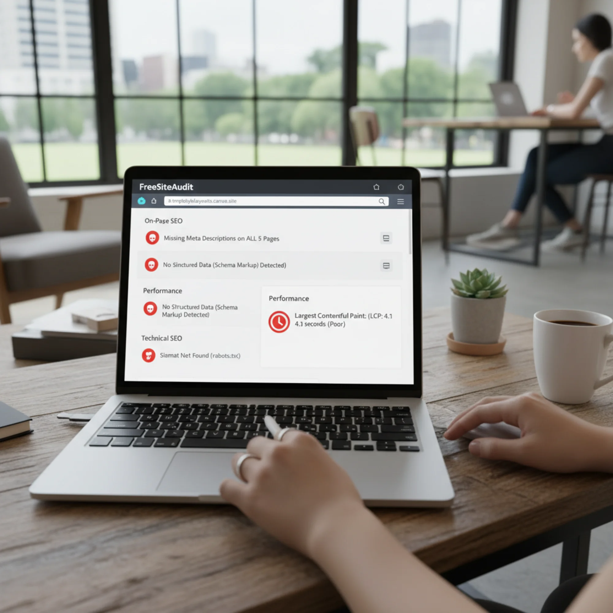 A FreeSiteAudit report on a laptop screen analyzing a Canva website, with red warning flags next to missing meta descriptions, a 4.1-second LCP score, zero structured data, and no sitemap detected