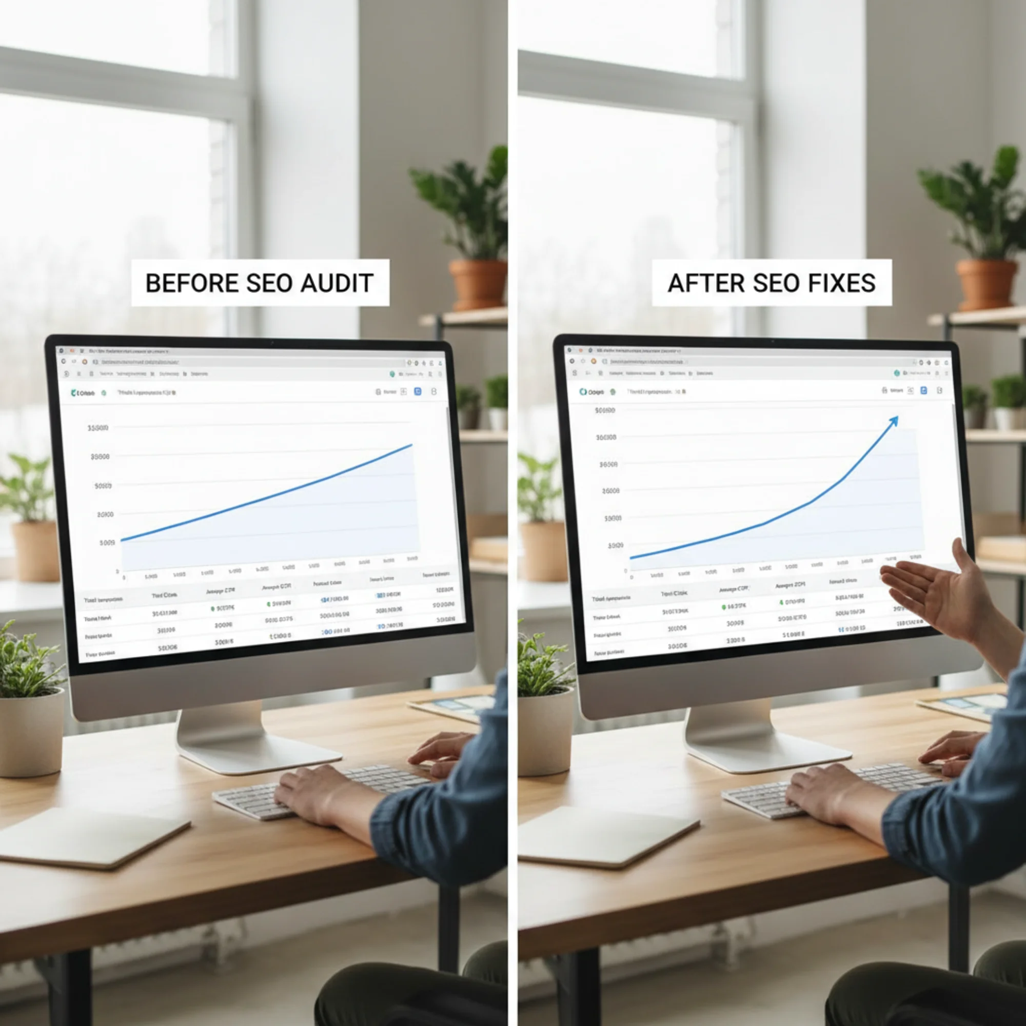 A before-and-after split screen of a Canva website's Google Search Console performance dashboard, showing flat impressions on the left transforming into a steady upward climb on the right after fixing audit-recommended SEO issues