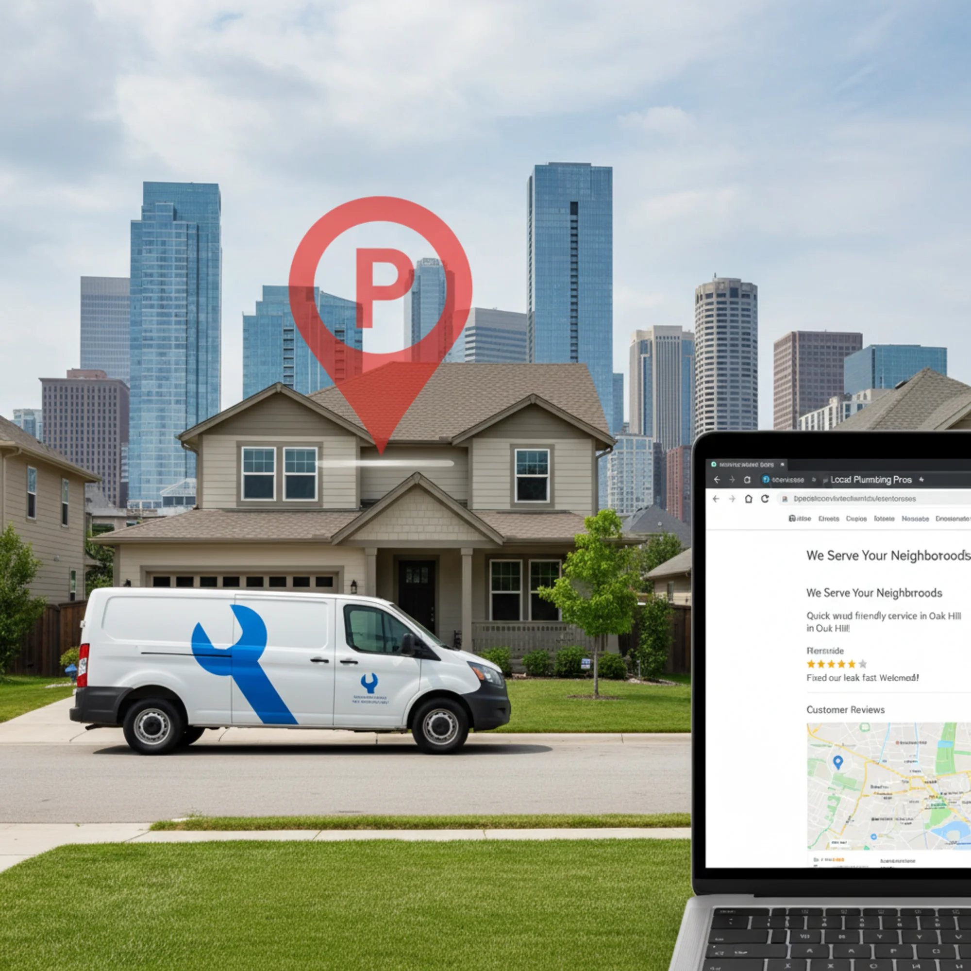 A plumber's van parked outside a residential home with a city skyline in the background, a Google Maps pin hovering above the scene, and a browser tab showing a service area page with local reviews and a neighborhood map