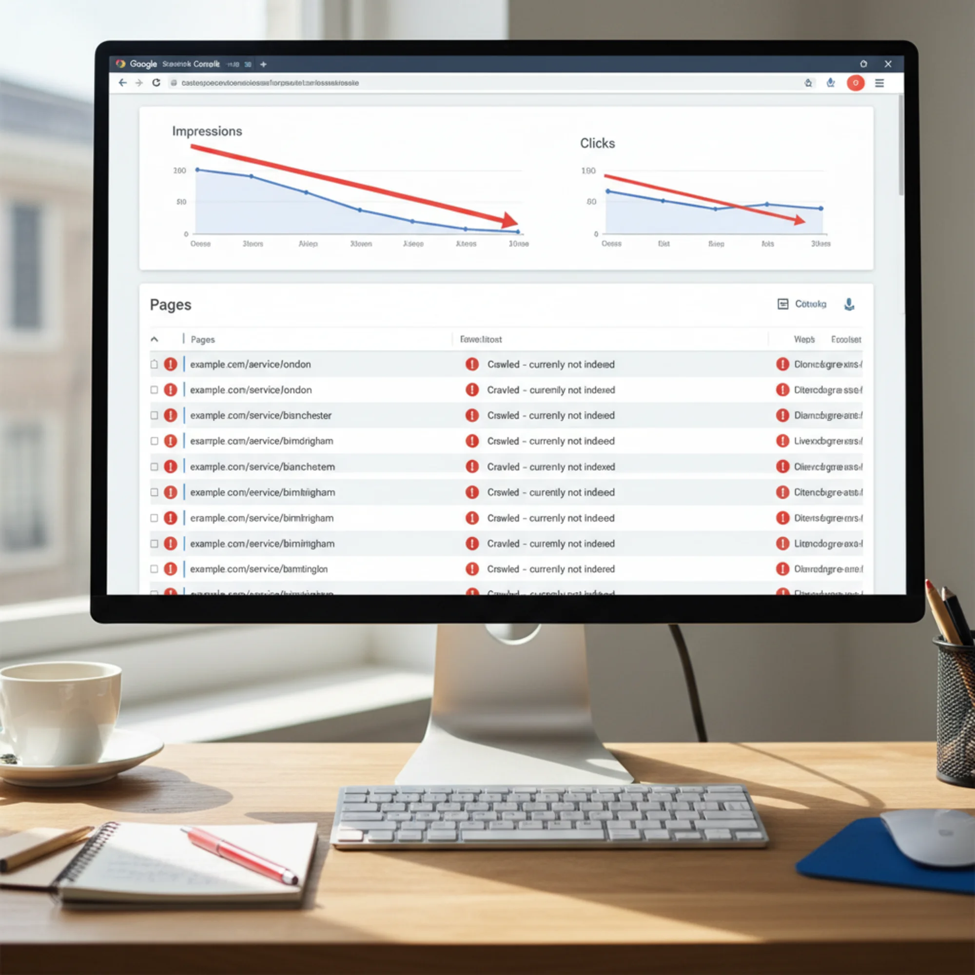 A Google Search Console coverage report showing multiple nearly identical city pages flagged with "Crawled – currently not indexed" status, a red downward arrow overlaying the impressions graph