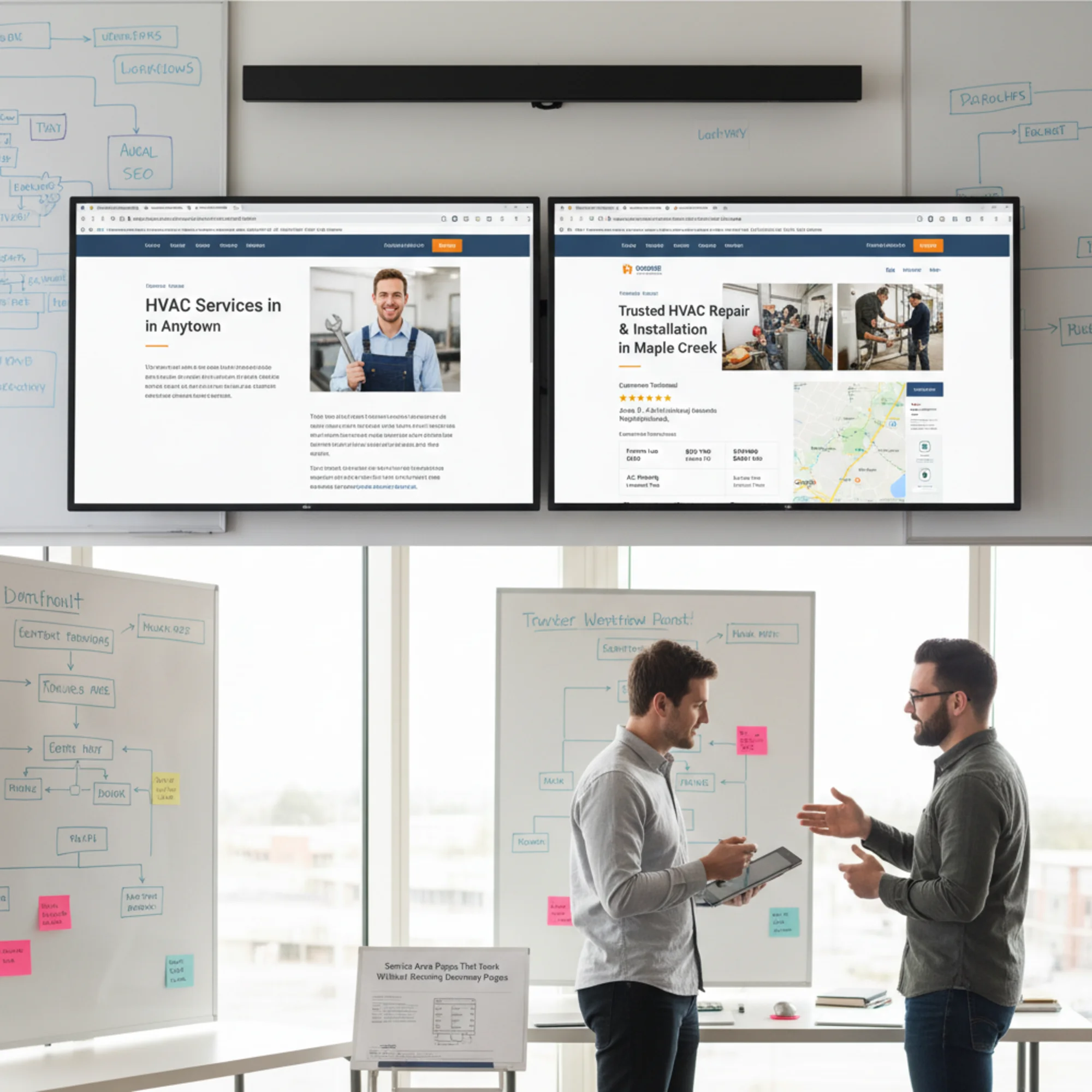 A side-by-side comparison of two service area pages for an HVAC company: the left page is thin with only a swapped city name and stock photo, the right page has job-site photos, a local testimonial, area-specific pricing, and an embedded neighborhood map