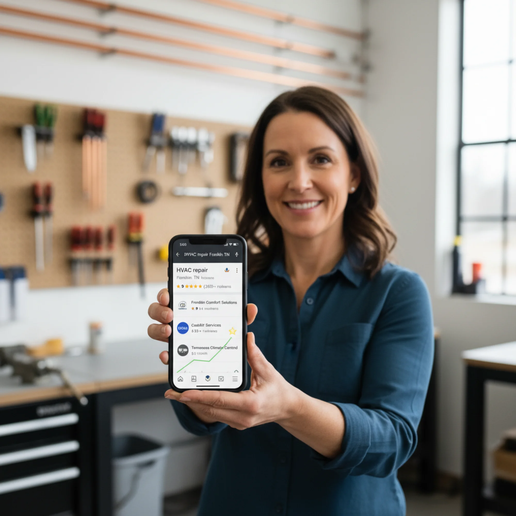 A small business owner viewing a phone screen showing top-3 local pack results for "HVAC repair Franklin TN," with a subtle green upward trend line and a star rating visible in the listing