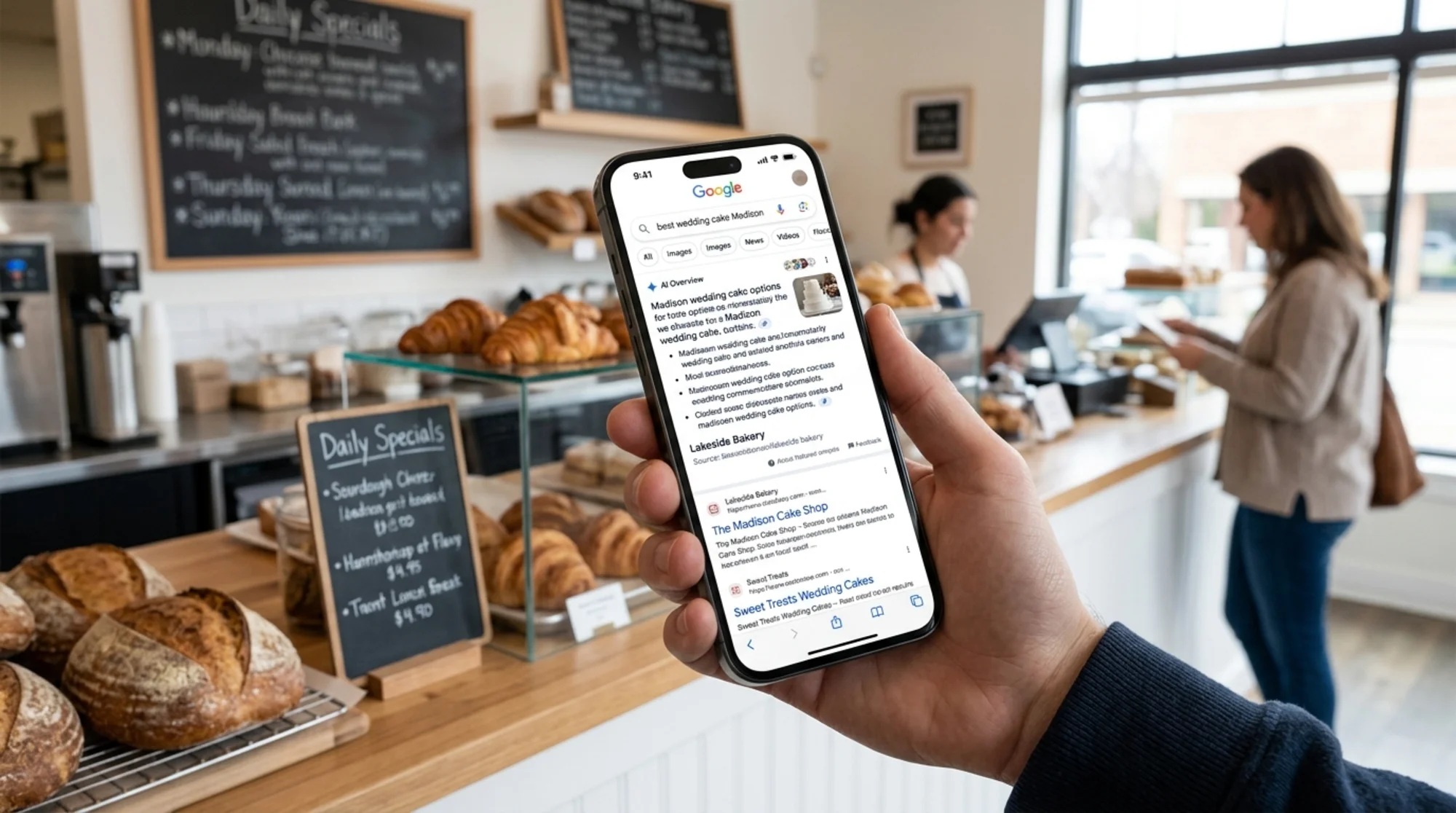 Smartphone held over a bakery counter showing a Google AI Overview at the top of search results for "best wedding cake Madison," with the cited bakery's name visible as a small site logo and traditional blue links scrolling below