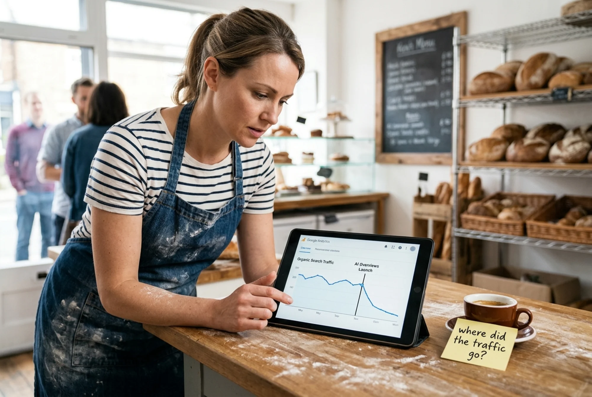 Bakery owner at her countertop tablet looking at a Google Analytics graph showing organic clicks dropping after AI Overviews launched, with a sticky note beside her espresso reading "where did the traffic go?"
