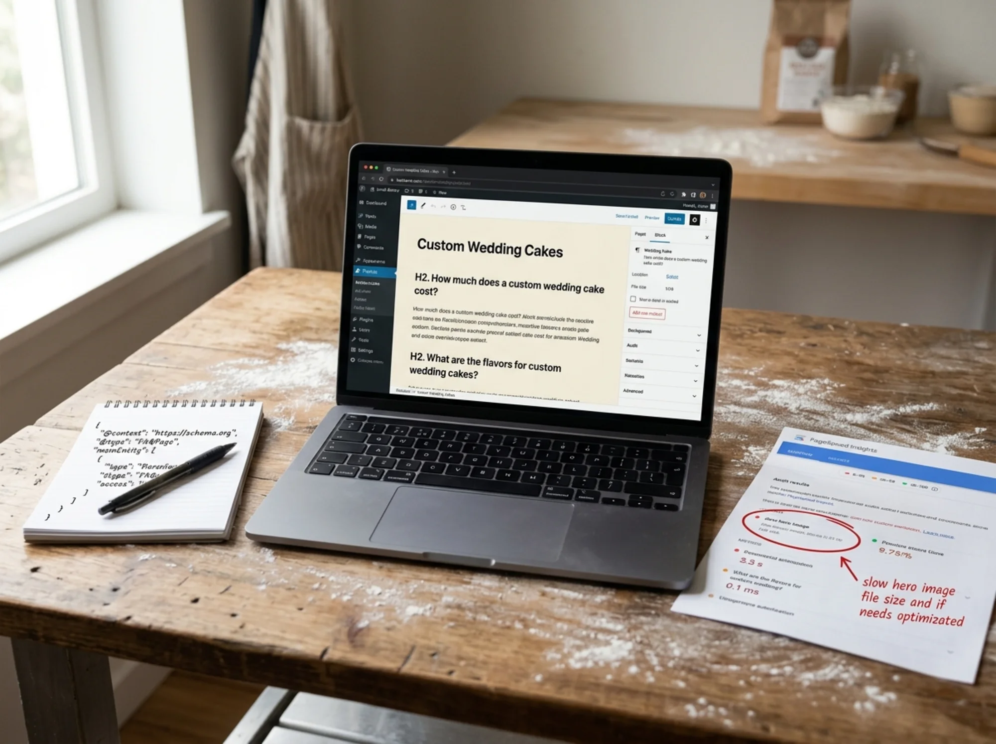 Open laptop on a flour-dusted workbench showing a wedding-cake page being rewritten with H2 questions like "How much does a custom wedding cake cost?" next to a notepad with FAQPage schema code and a printed PageSpeed Insights report flagging a slow hero image