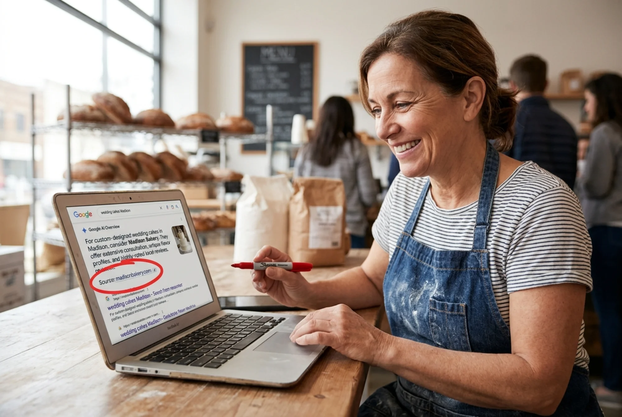 Same bakery owner smiling at her laptop, browser open to a Google AI Overview answering "wedding cakes Madison" that cites her bakery's URL with the citation link circled in marker