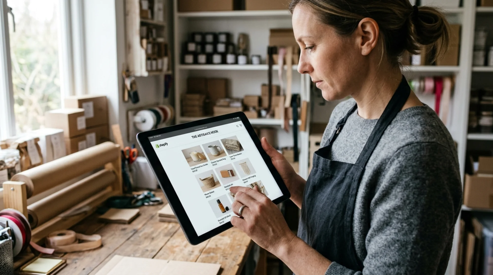 Close-up of a Shopify storefront homepage on a tablet held by a small business owner in a packaging workshop, product collection grid visible with neat thumbnails and price tags, soft natural window light